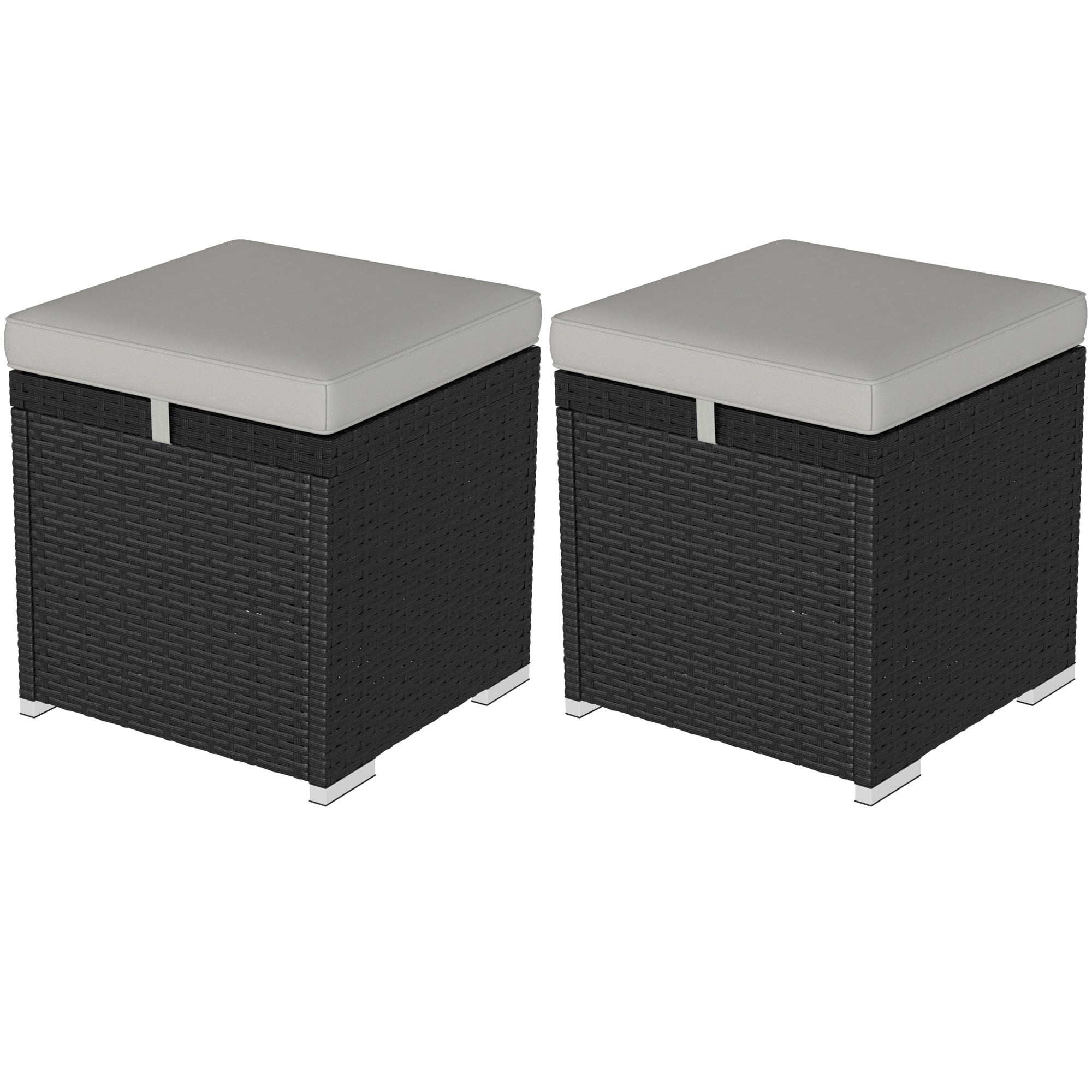 Outsunny 2 Pieces Wicker Outdoor Ottoman with Storage, PE Rattan Patio Storage Ottoman with Removable Cushion, Square Outdoor Footstool Seating, Footrest and Side Table, Light Grey