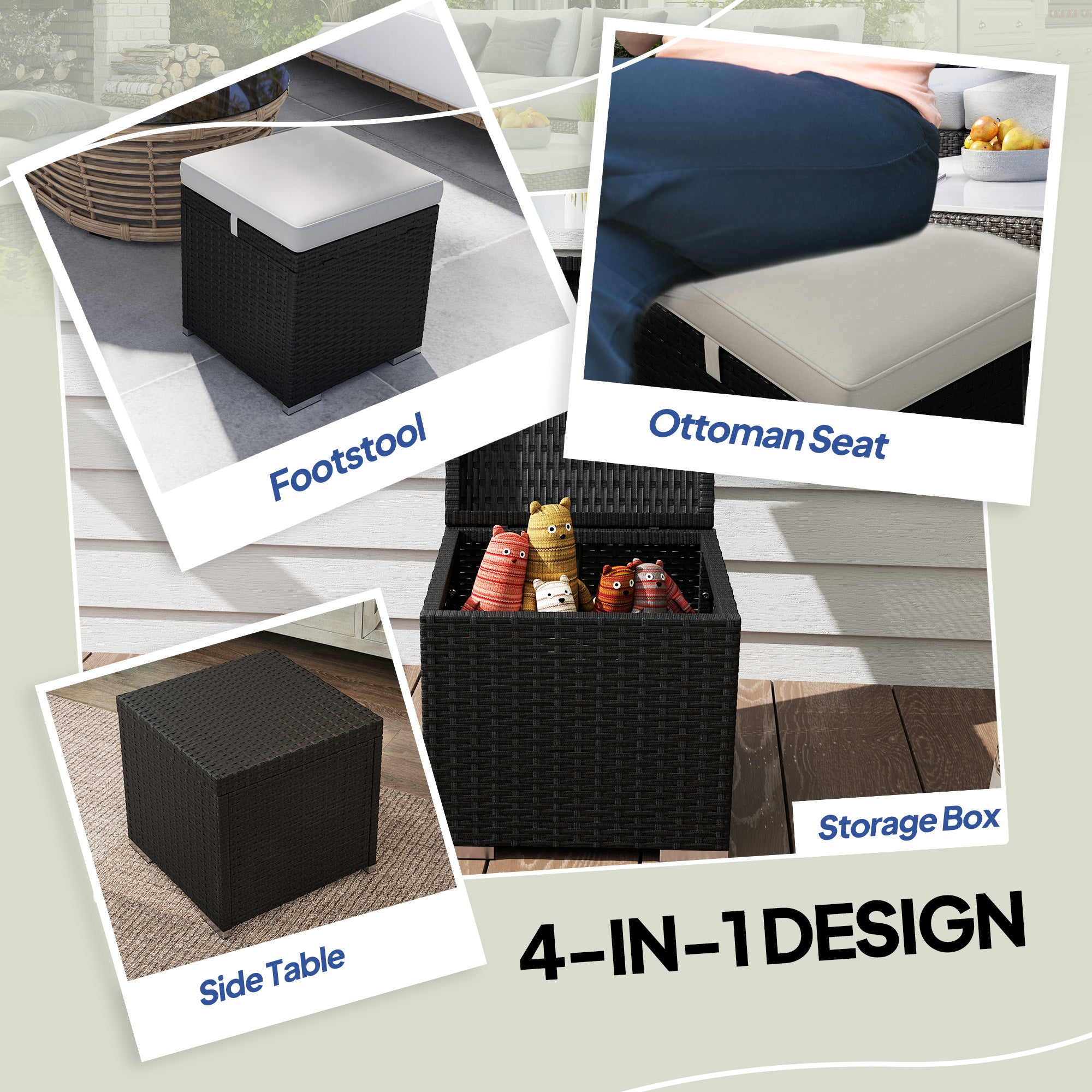 Outsunny 2 Pieces Wicker Outdoor Ottoman with Storage, PE Rattan Patio Storage Ottoman with Removable Cushion, Square Outdoor Footstool Seating, Footrest and Side Table, Light Grey