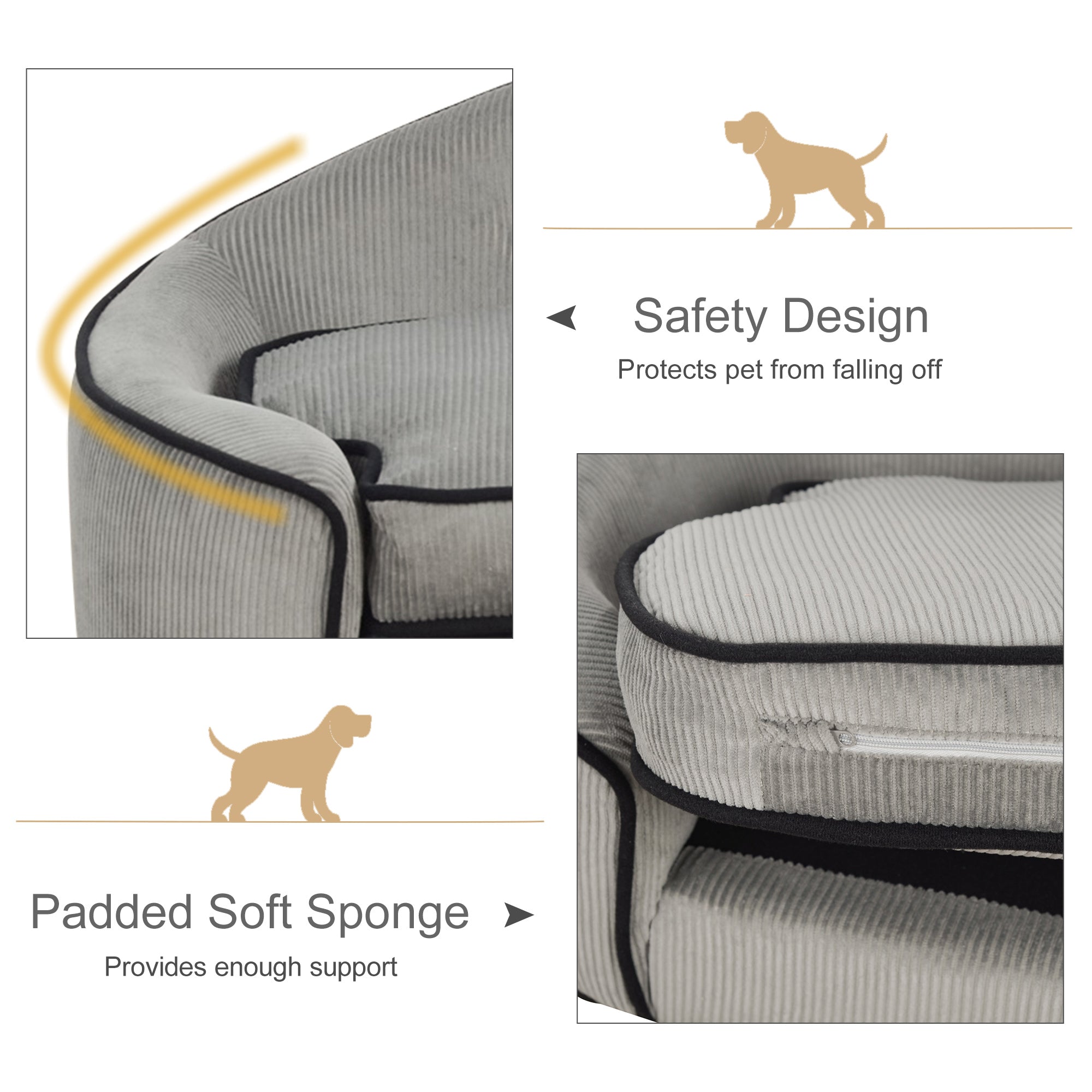 PawHut Dog Sofa for Small Dogs, Pet Chair Bed with Soft Cushion, Cat Couch with Removable Cover, 66.5 x 45 x 35.5cm - Grey