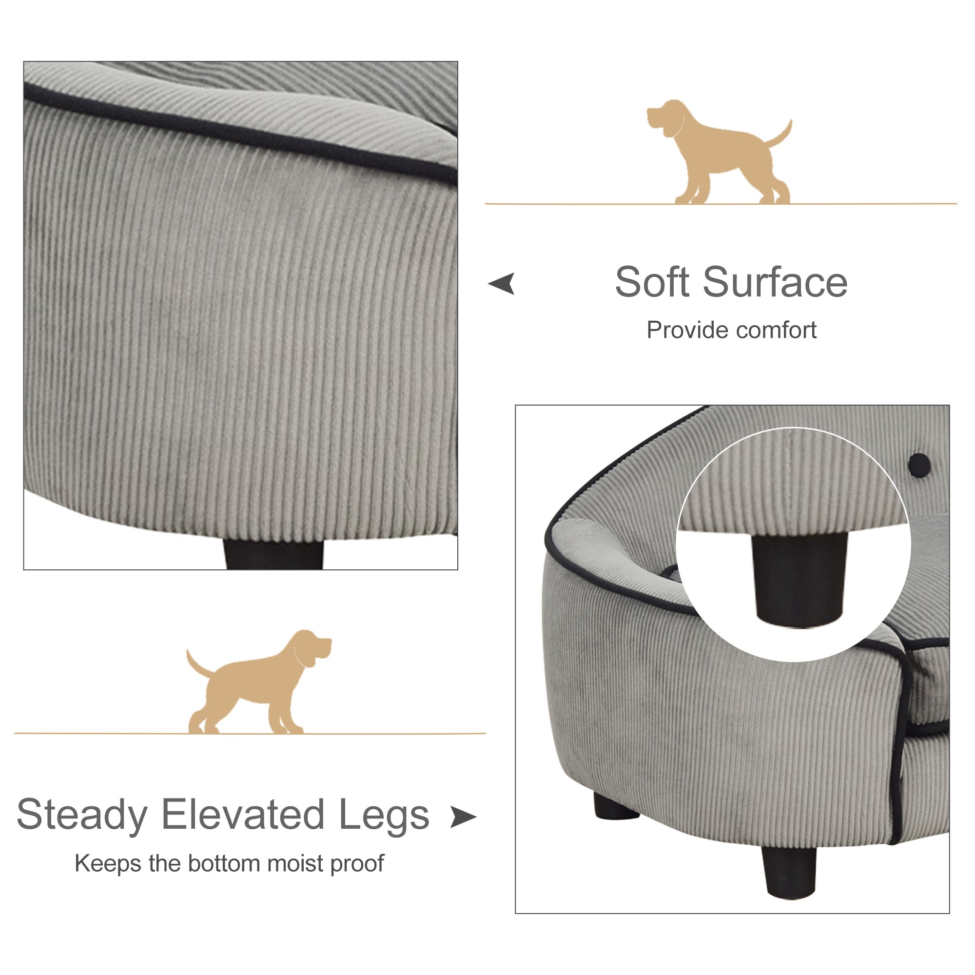 PawHut Dog Sofa for Small Dogs, Pet Chair Bed with Soft Cushion, Cat Couch with Removable Cover, 66.5 x 45 x 35.5cm - Grey