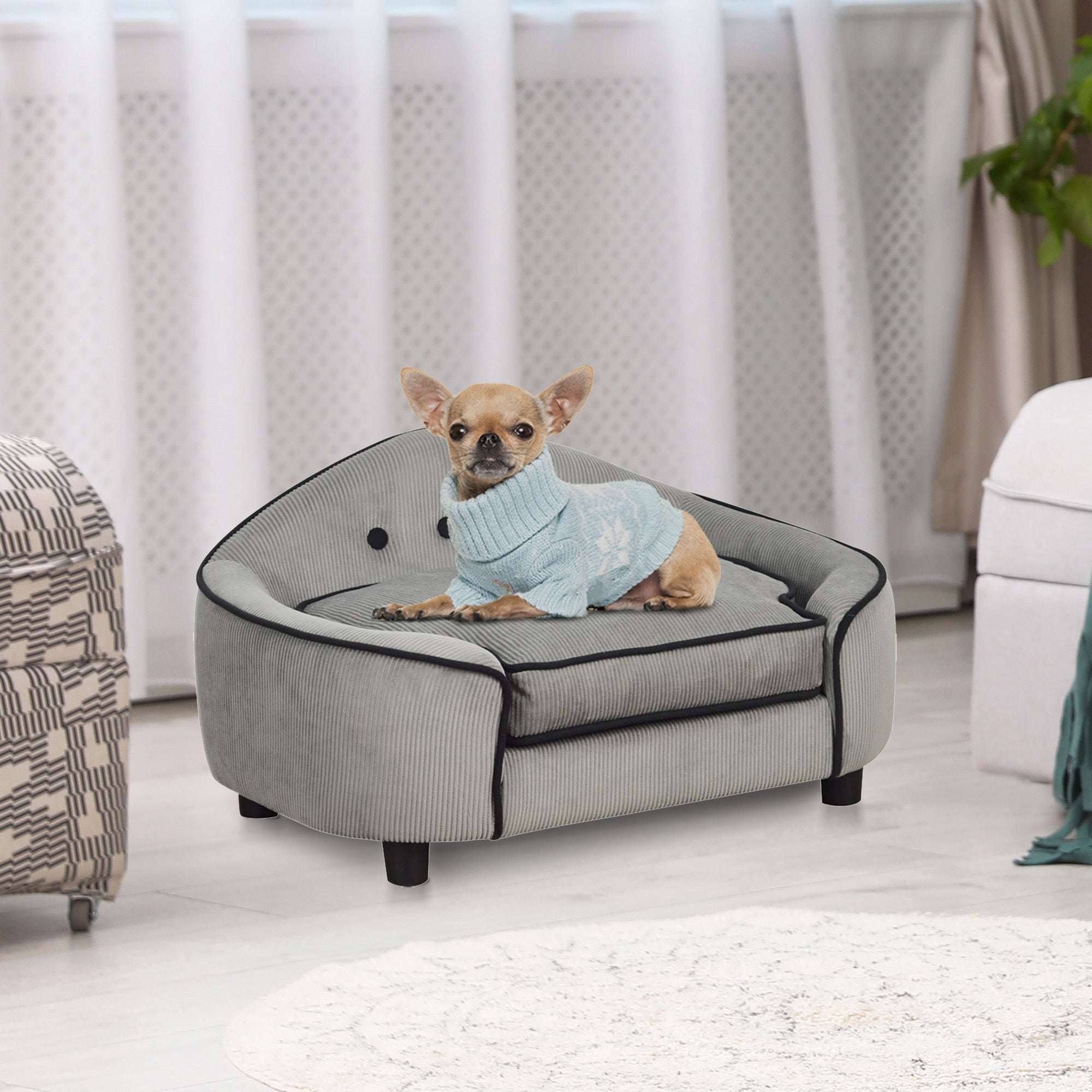 PawHut Dog Sofa for Small Dogs, Pet Chair Bed with Soft Cushion, Cat Couch with Removable Cover, 66.5 x 45 x 35.5cm - Grey