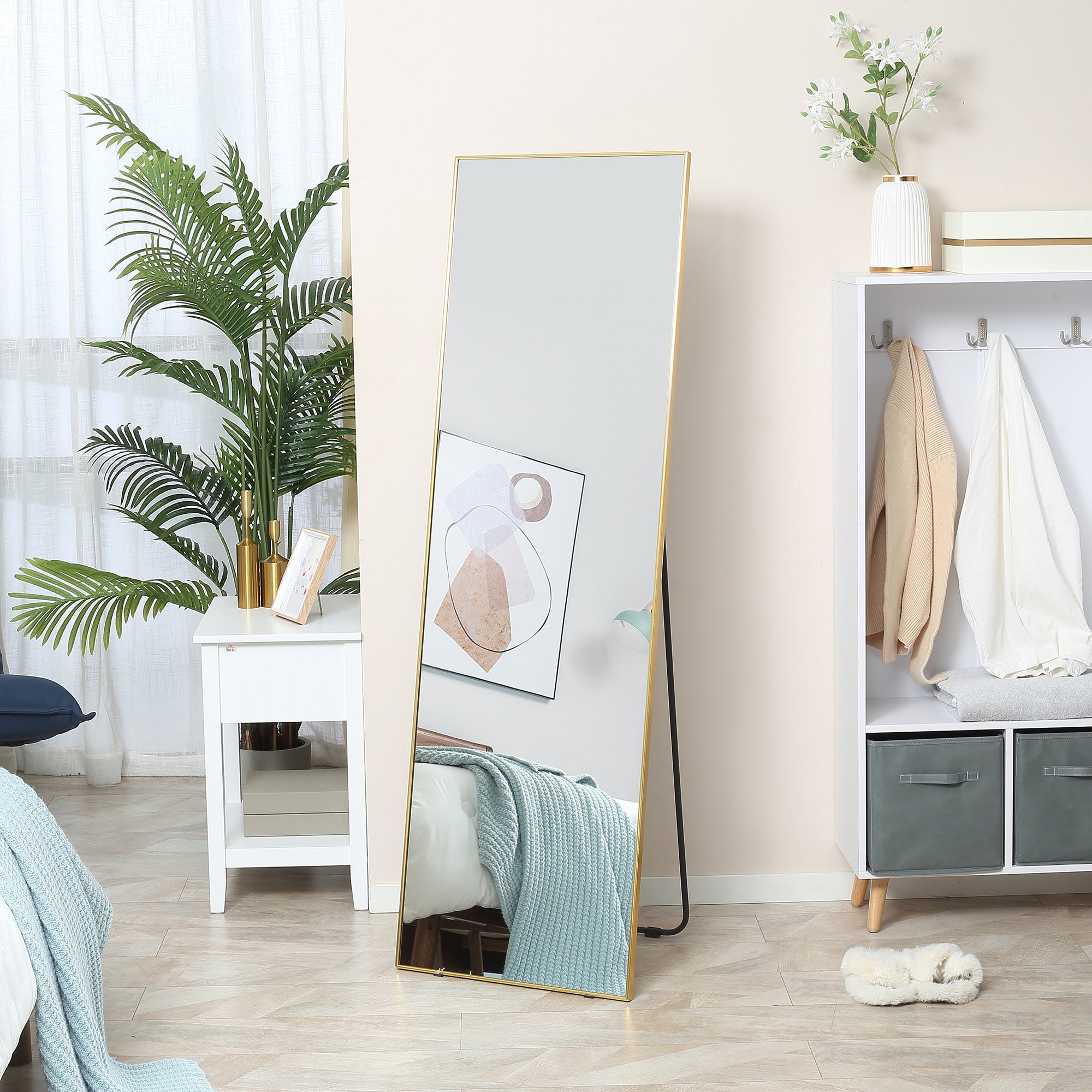 HOMCOM 63"x20" Full Length Mirror, Floor Standing, Wall-Mounted or Leaning Against Wall Tall Mirror with Support Frame, Rectangular Full Body Mirror for Bedroom, Living Room, Gold