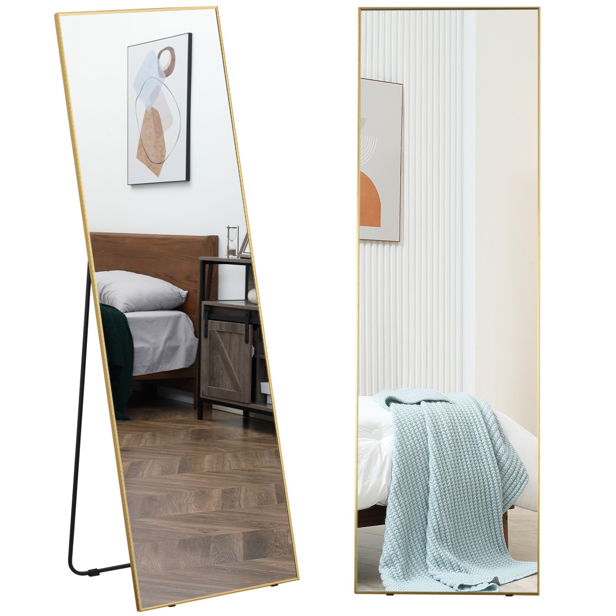 HOMCOM 63"x20" Full Length Mirror, Floor Standing, Wall-Mounted or Leaning Against Wall Tall Mirror with Support Frame, Rectangular Full Body Mirror for Bedroom, Living Room, Gold