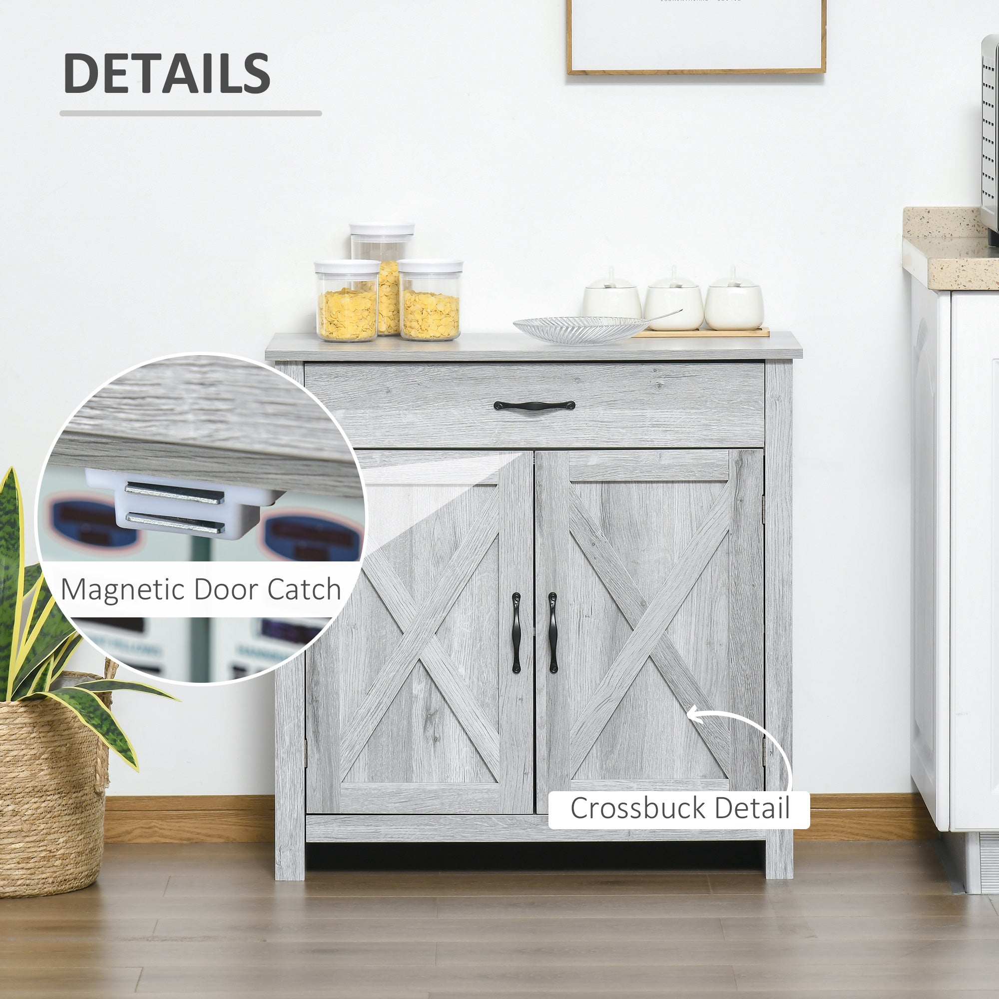 HOMCOM Farmhouse Barn Door Sideboard Accent Buffet Storage Cabinet Coffee Bar for Living Room, Entryway, Grey Grain