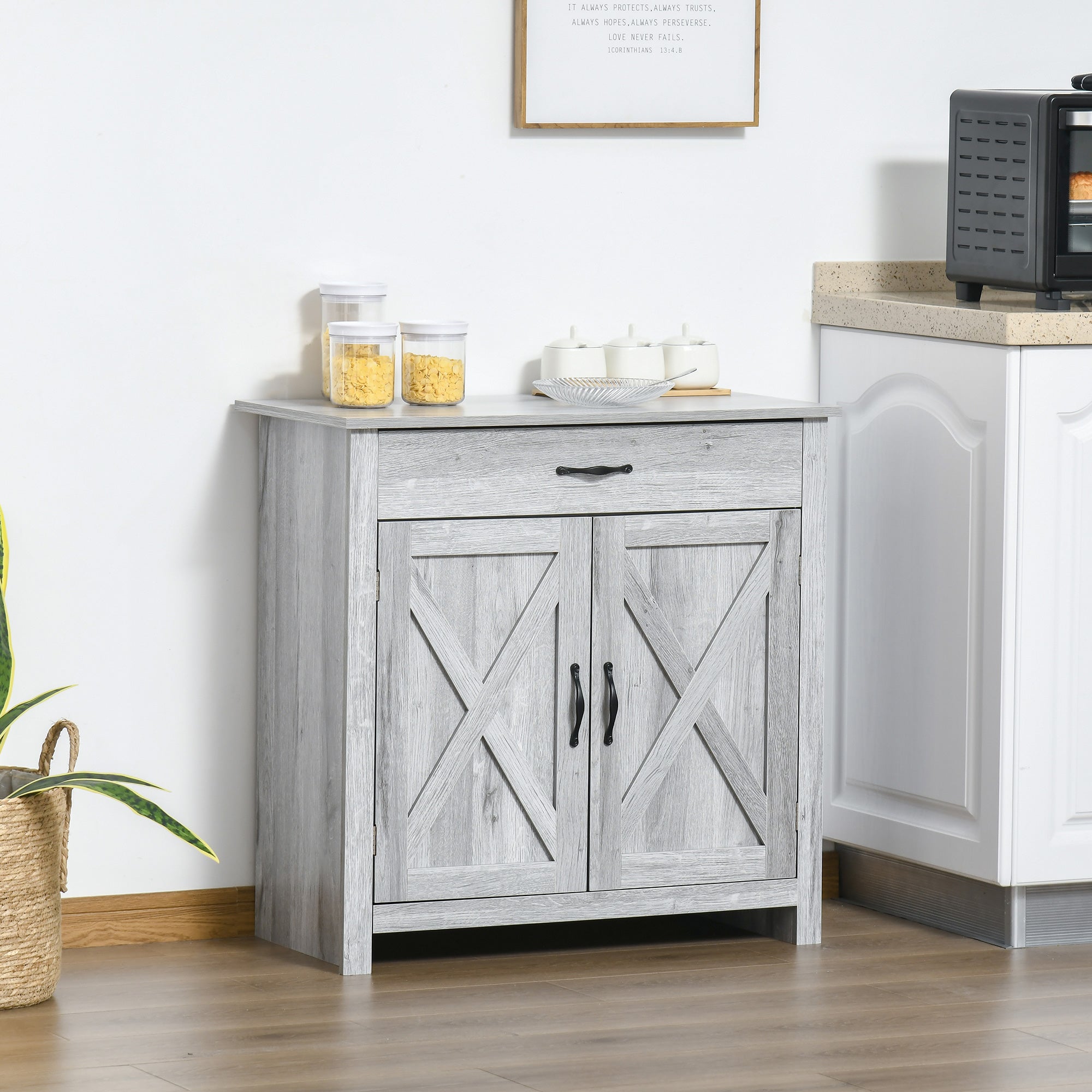 HOMCOM Farmhouse Barn Door Sideboard Accent Buffet Storage Cabinet Coffee Bar for Living Room, Entryway, Grey Grain
