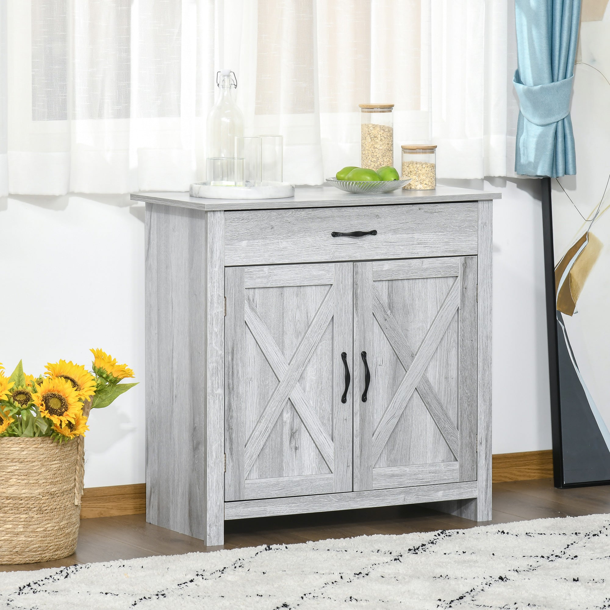 HOMCOM Farmhouse Barn Door Sideboard Accent Buffet Storage Cabinet Coffee Bar for Living Room, Entryway, Grey Grain