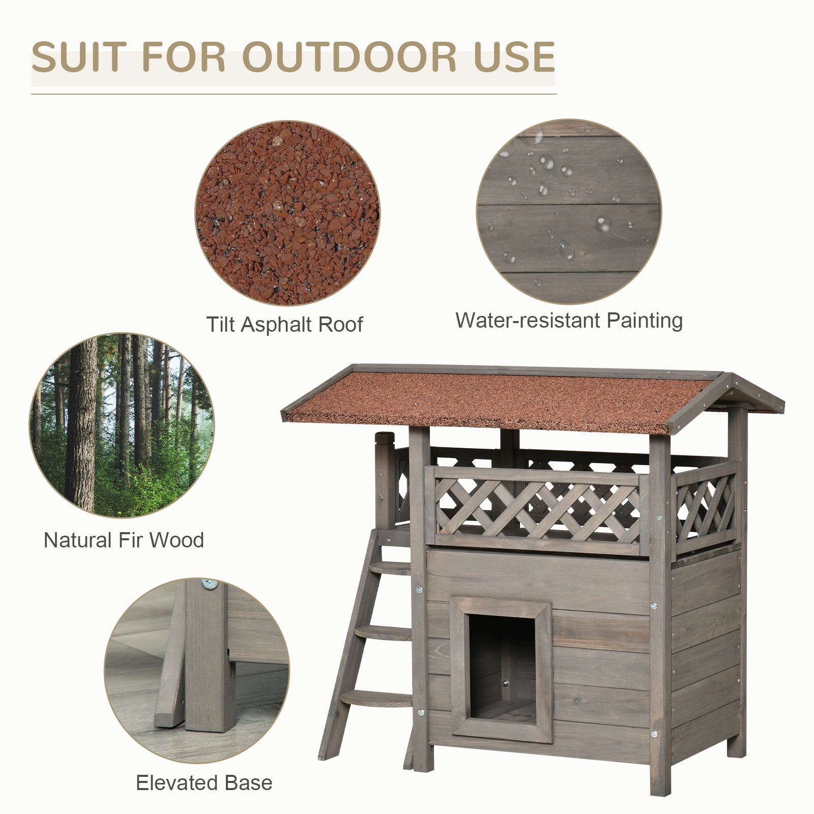 PawHut Wooden Cat House, 2-Floor Feral Cat Shelter, Kitten Condo Outdoor, Small Dog House with Balcony, Stairs, Asphalt Roof, Light Gray