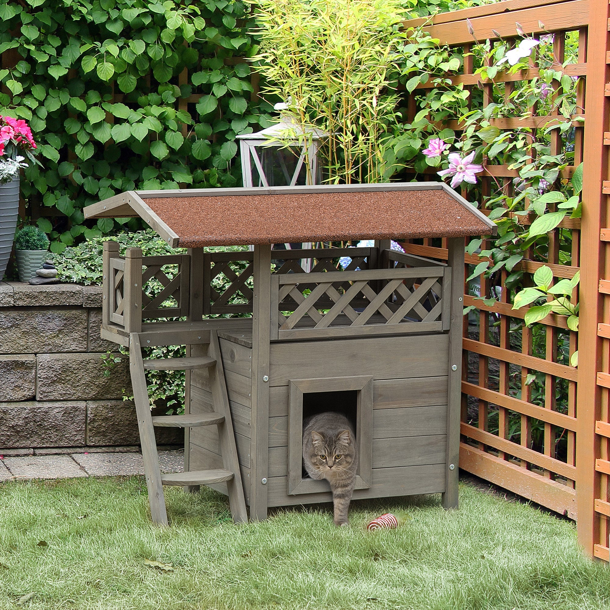 PawHut Wooden Cat House, 2-Floor Feral Cat Shelter, Kitten Condo Outdoor, Small Dog House with Balcony, Stairs, Asphalt Roof, Light Gray