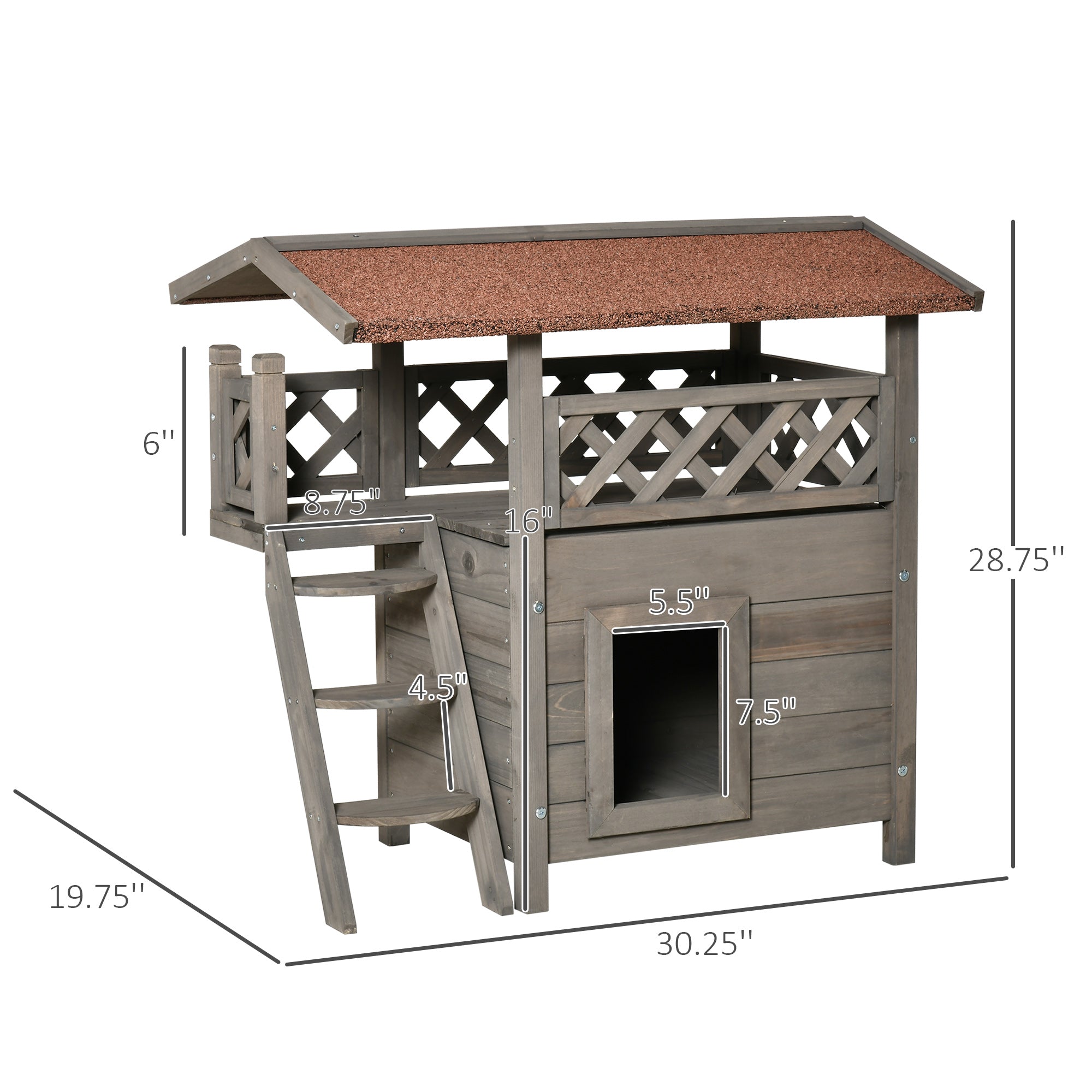 PawHut Wooden Cat House, 2-Floor Feral Cat Shelter, Kitten Condo Outdoor, Small Dog House with Balcony, Stairs, Asphalt Roof, Light Gray
