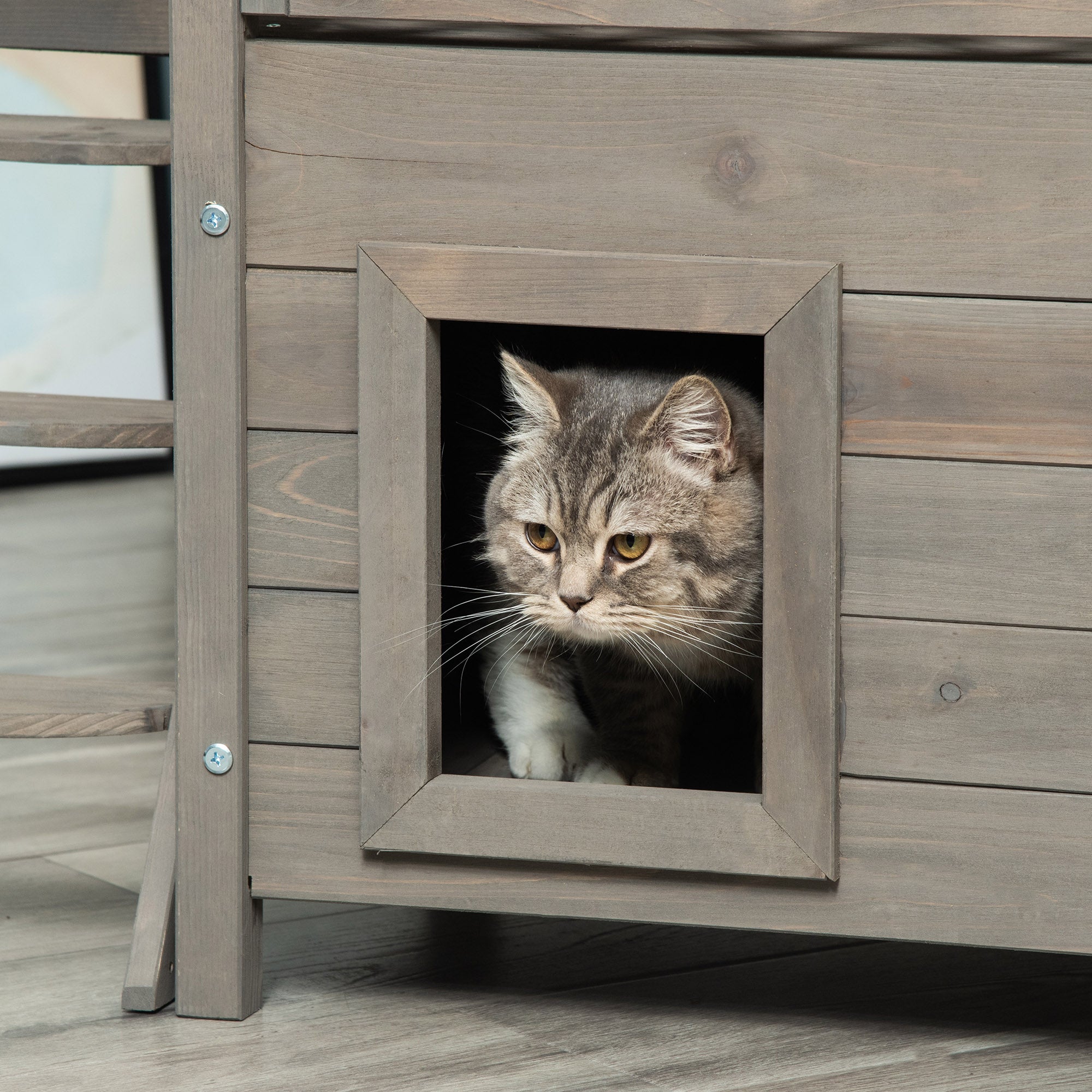 PawHut Wooden Cat House, 2-Floor Feral Cat Shelter, Kitten Condo Outdoor, Small Dog House with Balcony, Stairs, Asphalt Roof, Light Gray