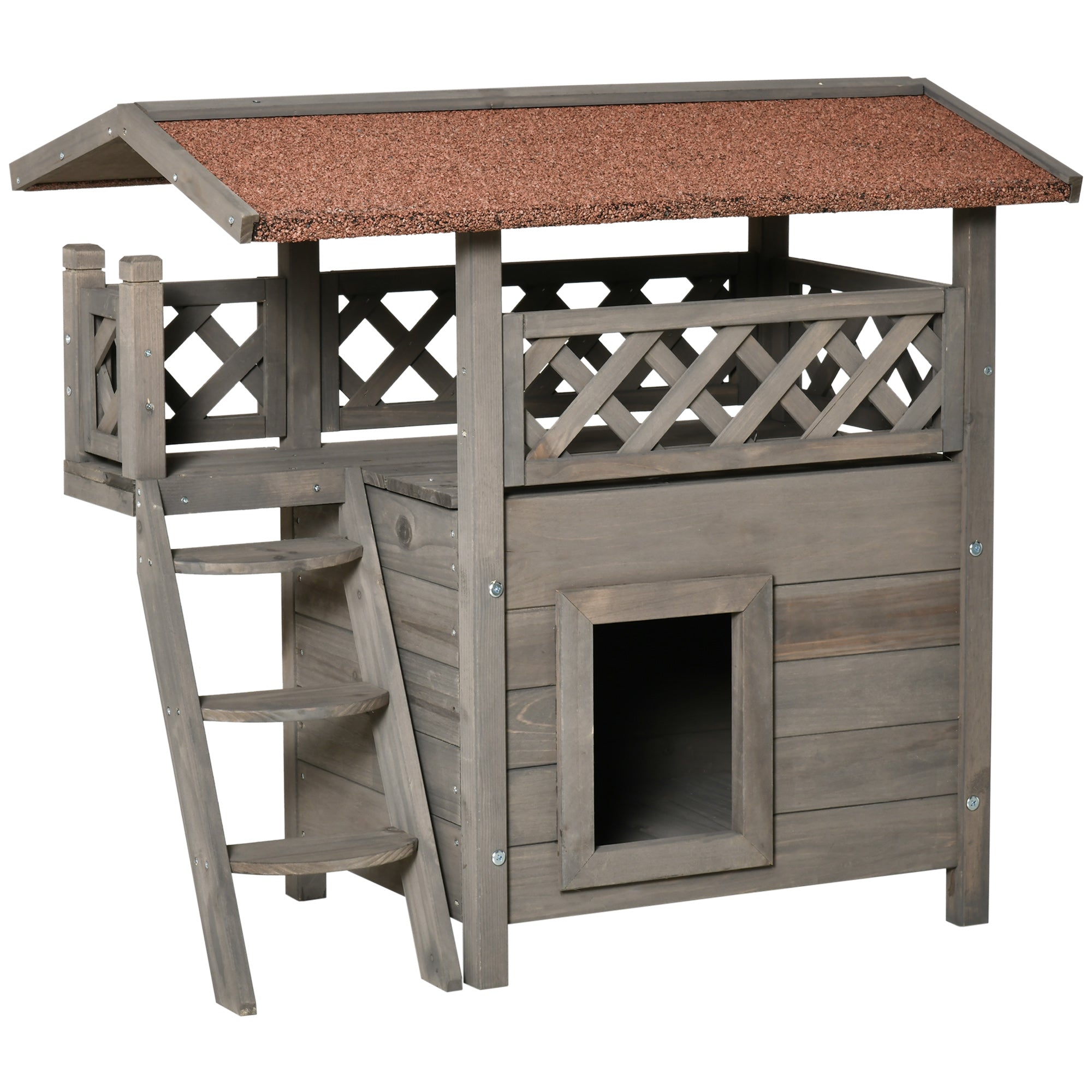 PawHut Wooden Cat House, 2-Floor Feral Cat Shelter, Kitten Condo Outdoor, Small Dog House with Balcony, Stairs, Asphalt Roof, Light Gray