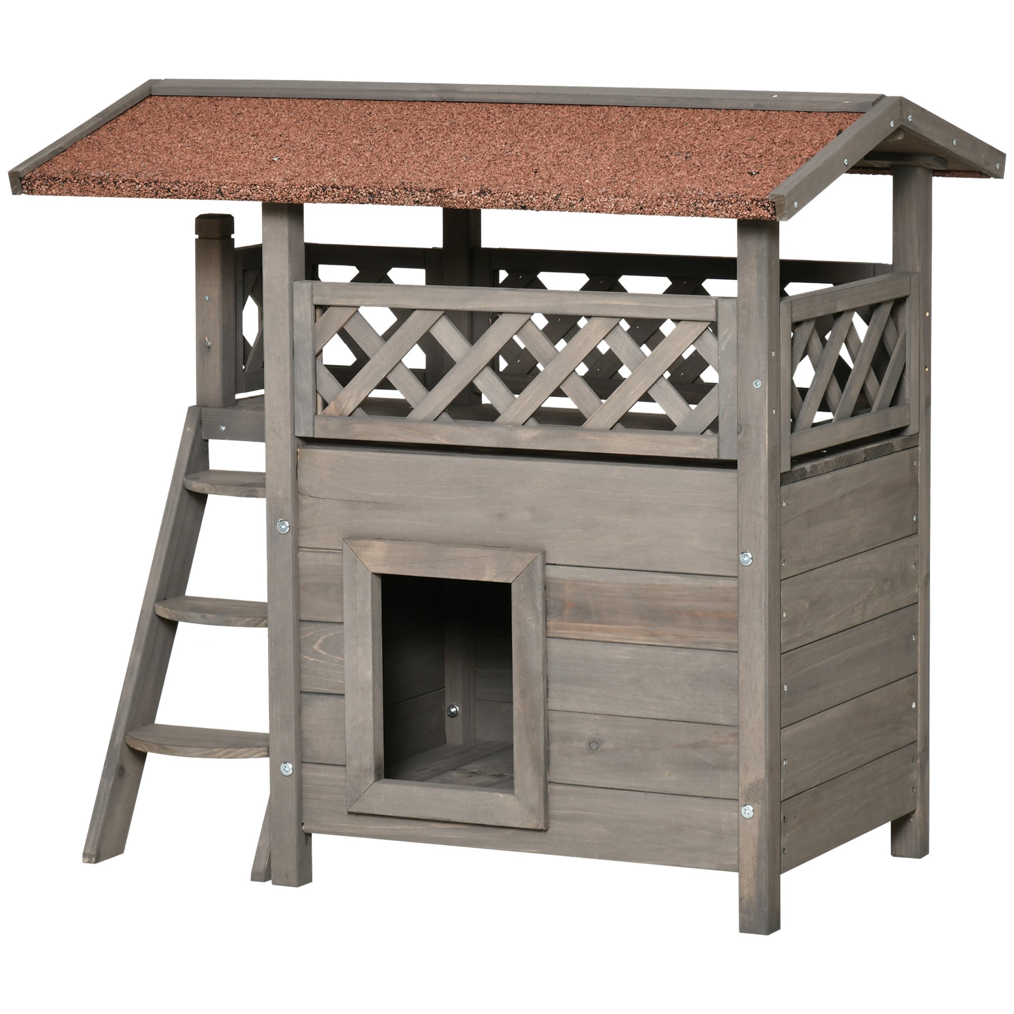 PawHut Wooden Cat House, 2-Floor Feral Cat Shelter, Kitten Condo Outdoor, Small Dog House with Balcony, Stairs, Asphalt Roof, Light Gray
