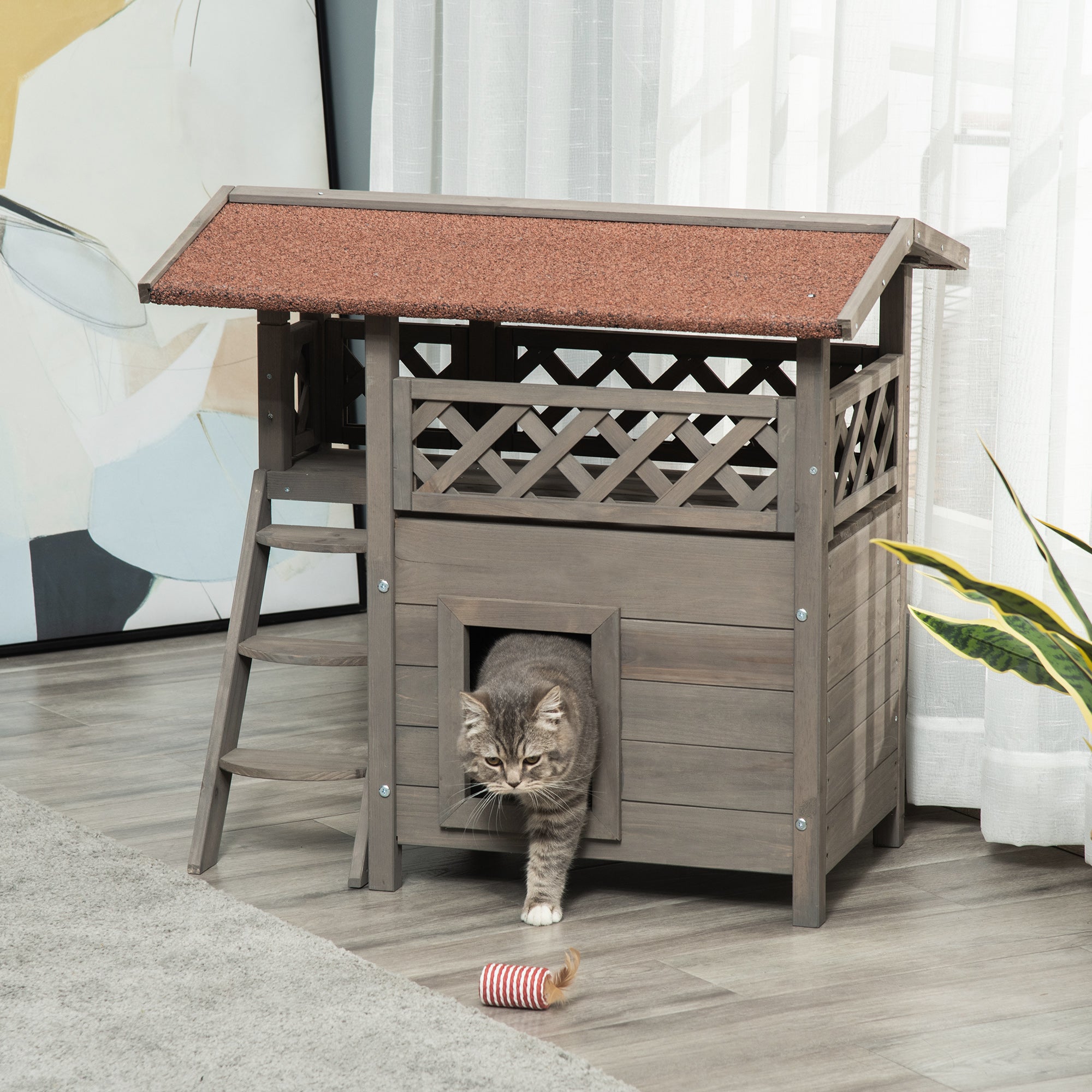 PawHut Wooden Cat House, 2-Floor Feral Cat Shelter, Kitten Condo Outdoor, Small Dog House with Balcony, Stairs, Asphalt Roof, Light Gray