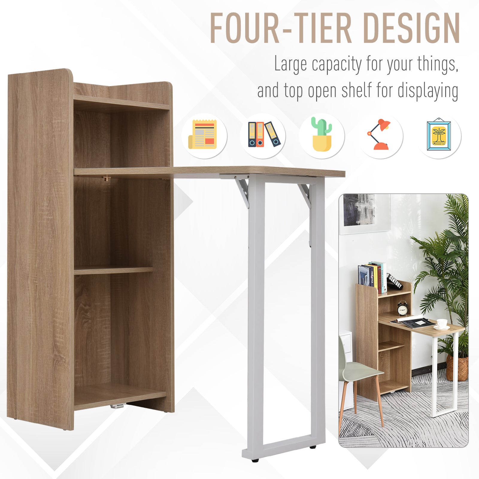 HOMCOM 2 In 1 Folding Table, Drop Leaf Table, Space Saving Dining Table with 4-Tier Shelf for Small Spaces, Oak