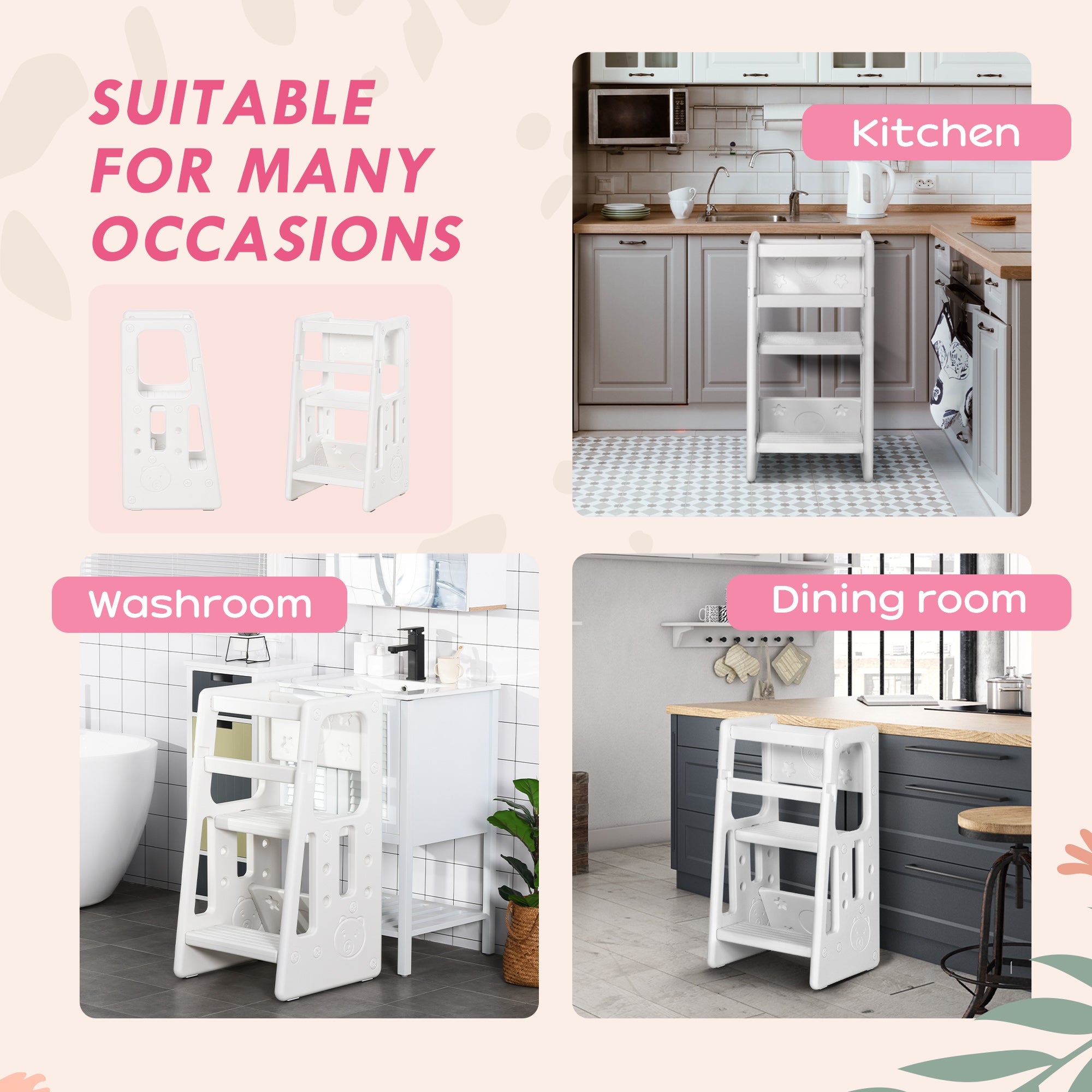 HOMCOM Kids Step Stool, Adjustable Standing Platform, Toddler Kitchen Stool, Standing Tower for Kids, Kitchen Counter with Three Adjustable Heights - White