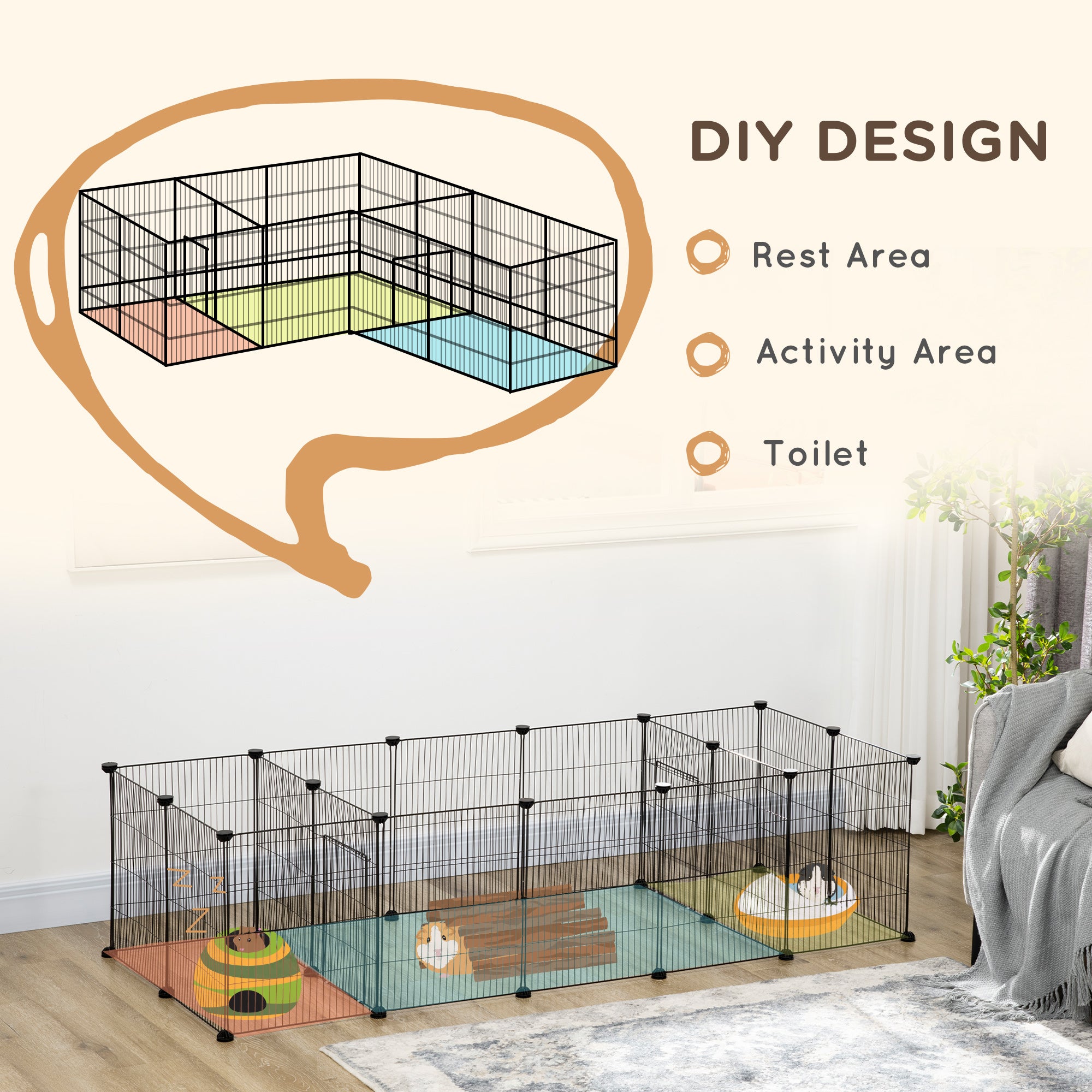 PawHut 18 Panels Small Animal Cage, Pet Playpen with Doors, Guinea Pig Cage, Portable Metal Wire Yard for Hedgehogs Indoor Use, 69" x 28" x 18"
