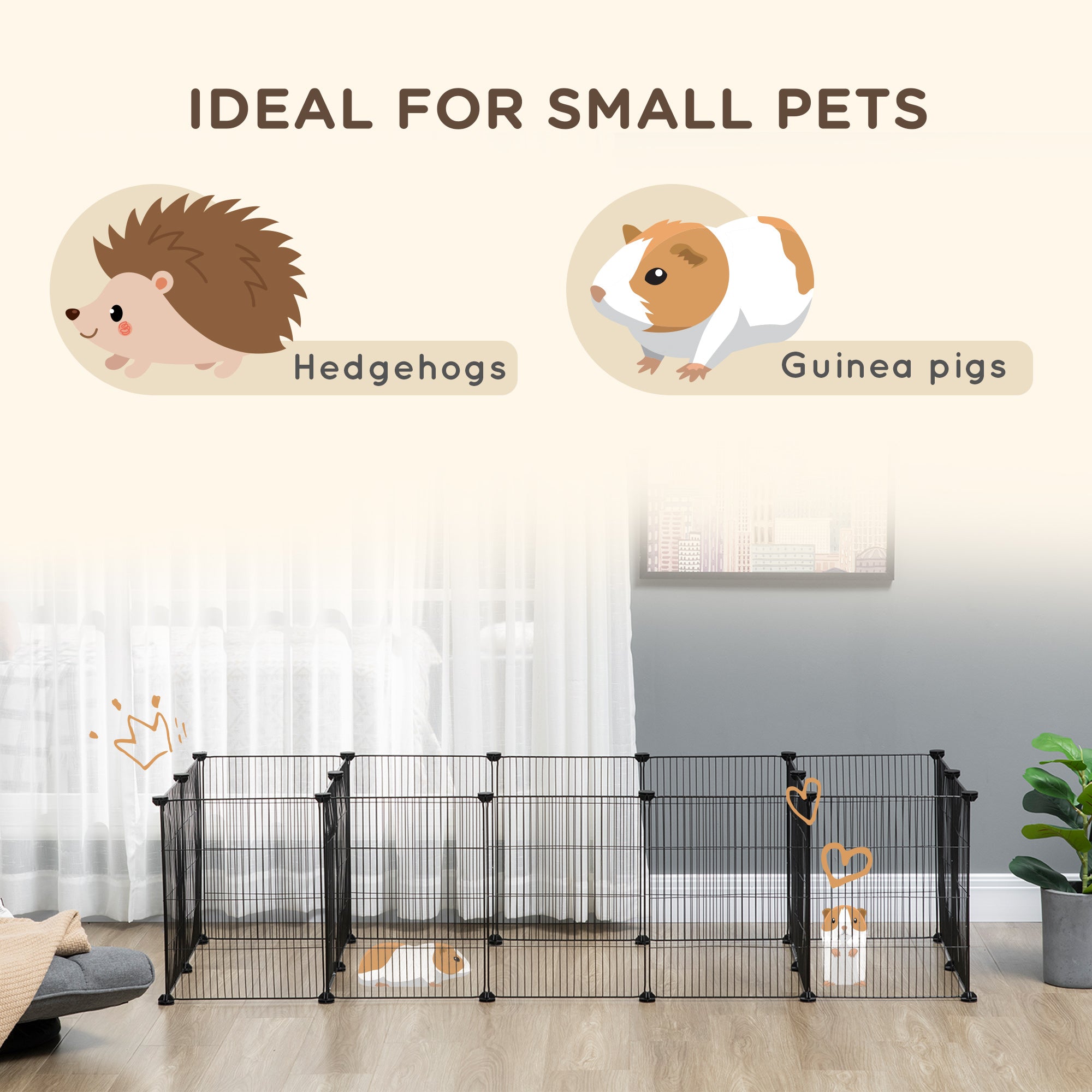 PawHut 18 Panels Small Animal Cage, Pet Playpen with Doors, Guinea Pig Cage, Portable Metal Wire Yard for Hedgehogs Indoor Use, 69" x 28" x 18"