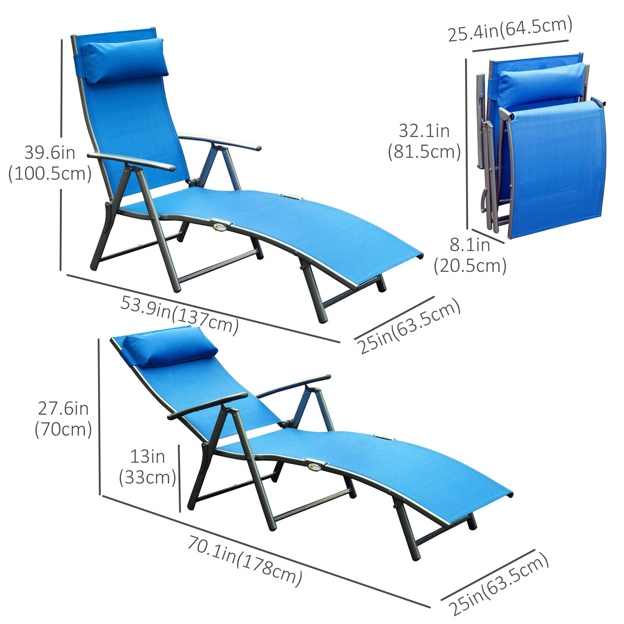 Outsunny Heavy-duty Adjustable Folding Reclining Chair Outdoor Sun Lounger Patio Chaise Lounge Garden Beach Gravity Lounge with Pillow, 7 Adjustable Backrest Positions, Blue