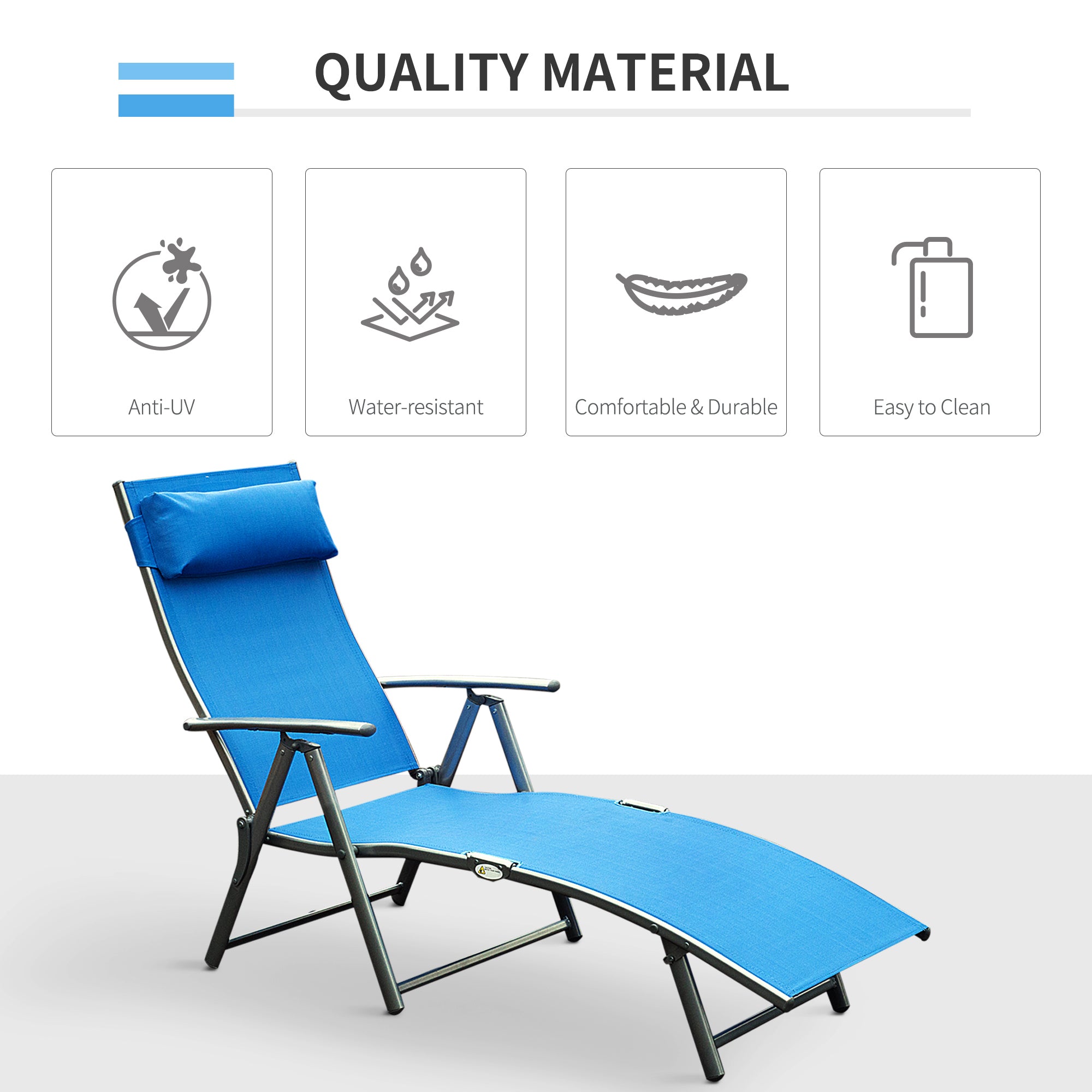 Outsunny Heavy-duty Adjustable Folding Reclining Chair Outdoor Sun Lounger Patio Chaise Lounge Garden Beach Gravity Lounge with Pillow, 7 Adjustable Backrest Positions, Blue