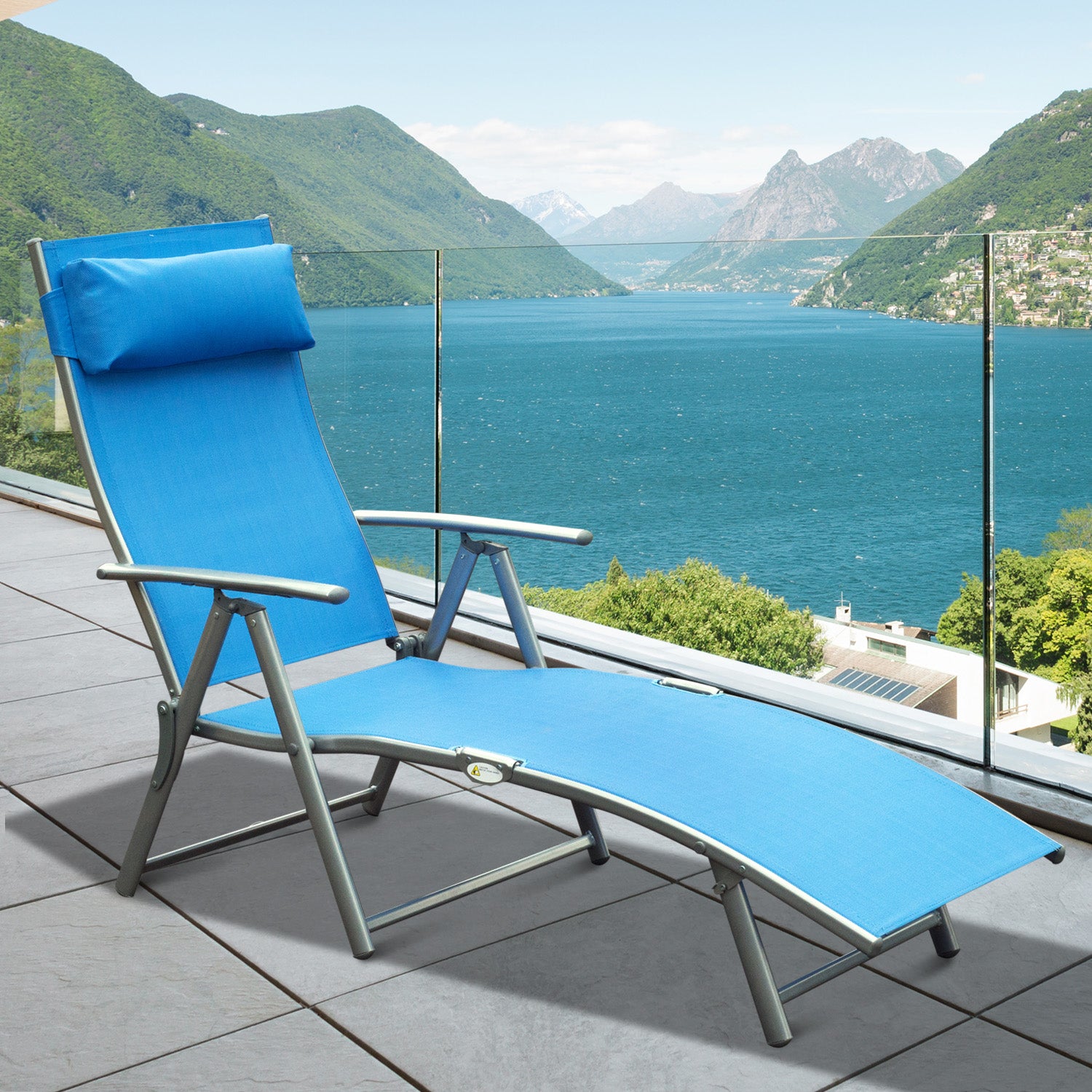 Outsunny Heavy-duty Adjustable Folding Reclining Chair Outdoor Sun Lounger Patio Chaise Lounge Garden Beach Gravity Lounge with Pillow, 7 Adjustable Backrest Positions, Blue