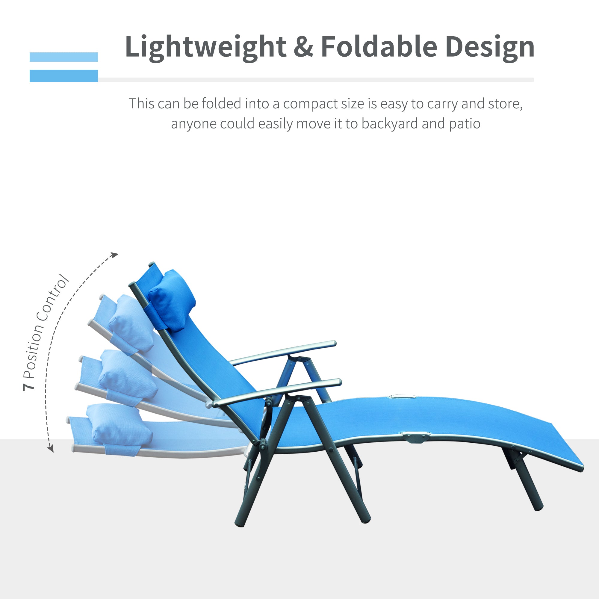 Outsunny Heavy-duty Adjustable Folding Reclining Chair Outdoor Sun Lounger Patio Chaise Lounge Garden Beach Gravity Lounge with Pillow, 7 Adjustable Backrest Positions, Blue