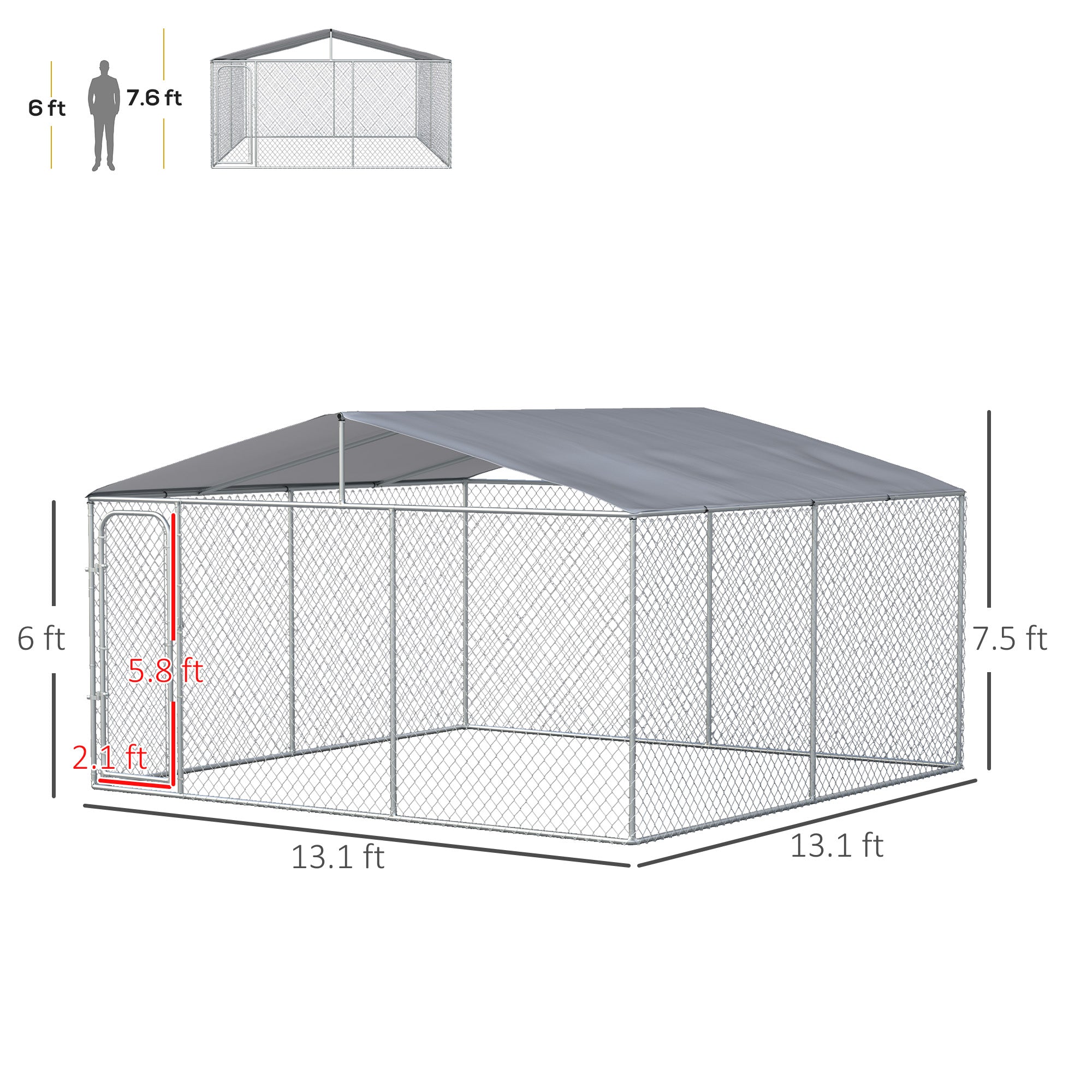 PawHut 13' x 13' x 7.5' Dog Kennel, Outdoor Dog Run with Waterproof, UV Resistant Roof, Lockable Door for Large-Sized Dogs, Silver