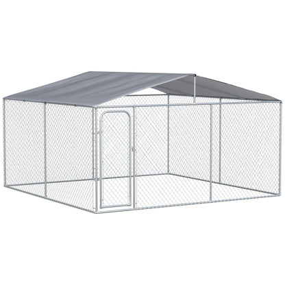 PawHut 13' x 13' x 7.5' Dog Kennel, Outdoor Dog Run with Waterproof, UV Resistant Roof, Lockable Door for Large-Sized Dogs, Silver