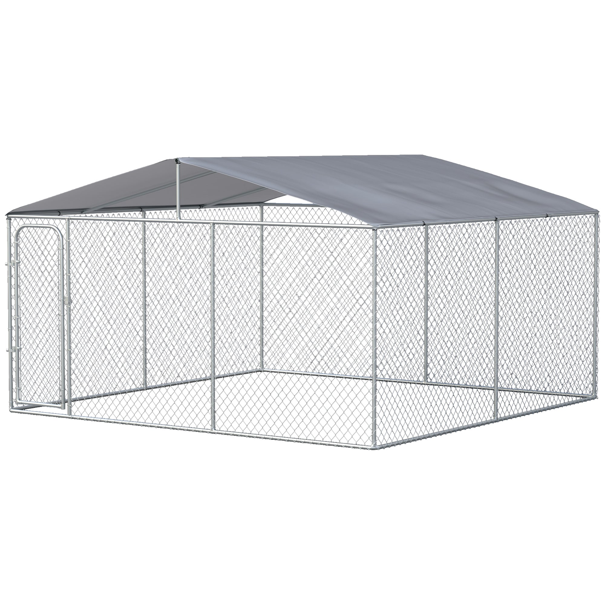 PawHut 13' x 13' x 7.5' Dog Kennel, Outdoor Dog Run with Waterproof, UV Resistant Roof, Lockable Door for Large-Sized Dogs, Silver