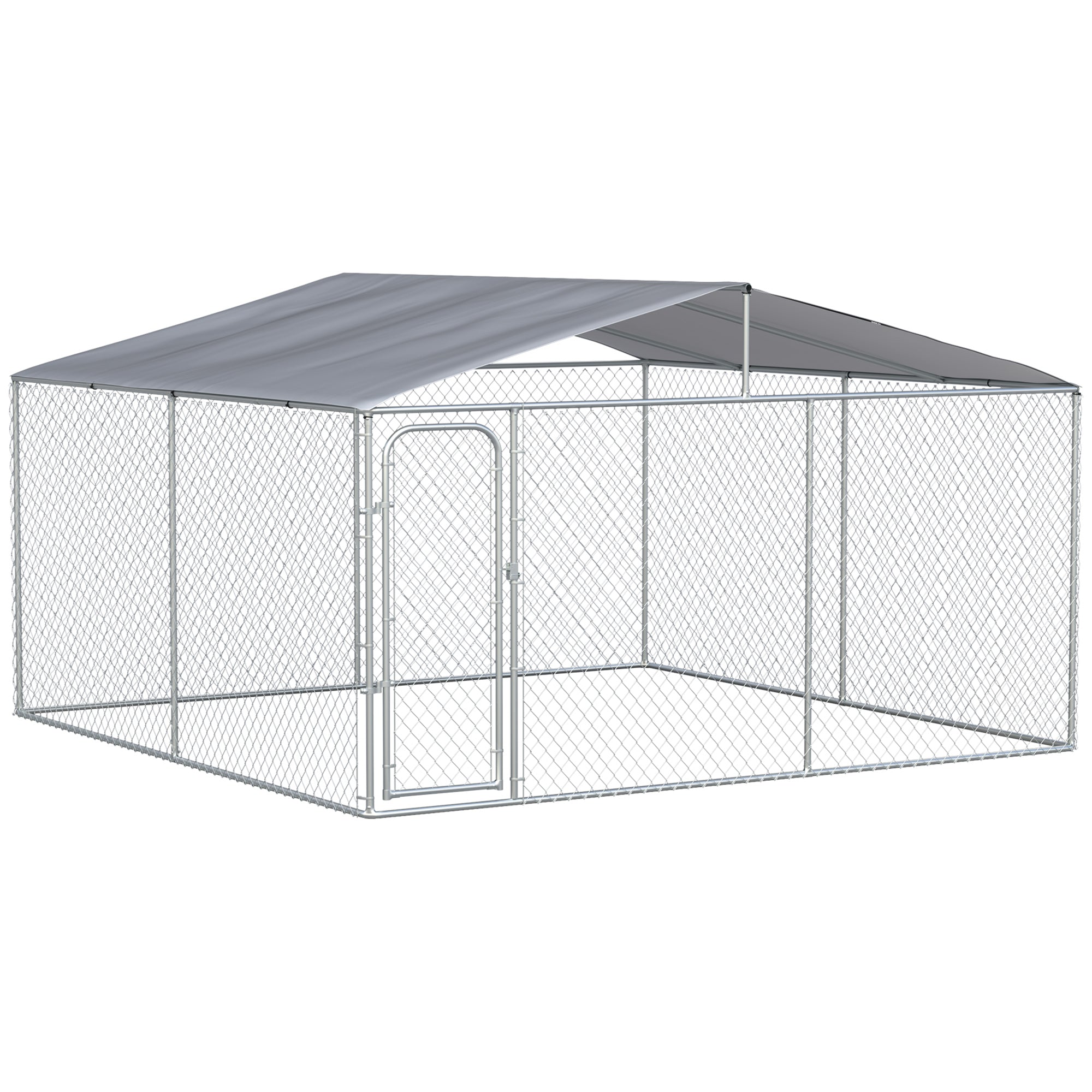 PawHut 13' x 13' x 7.5' Dog Kennel, Outdoor Dog Run with Waterproof, UV Resistant Roof, Lockable Door for Large-Sized Dogs, Silver