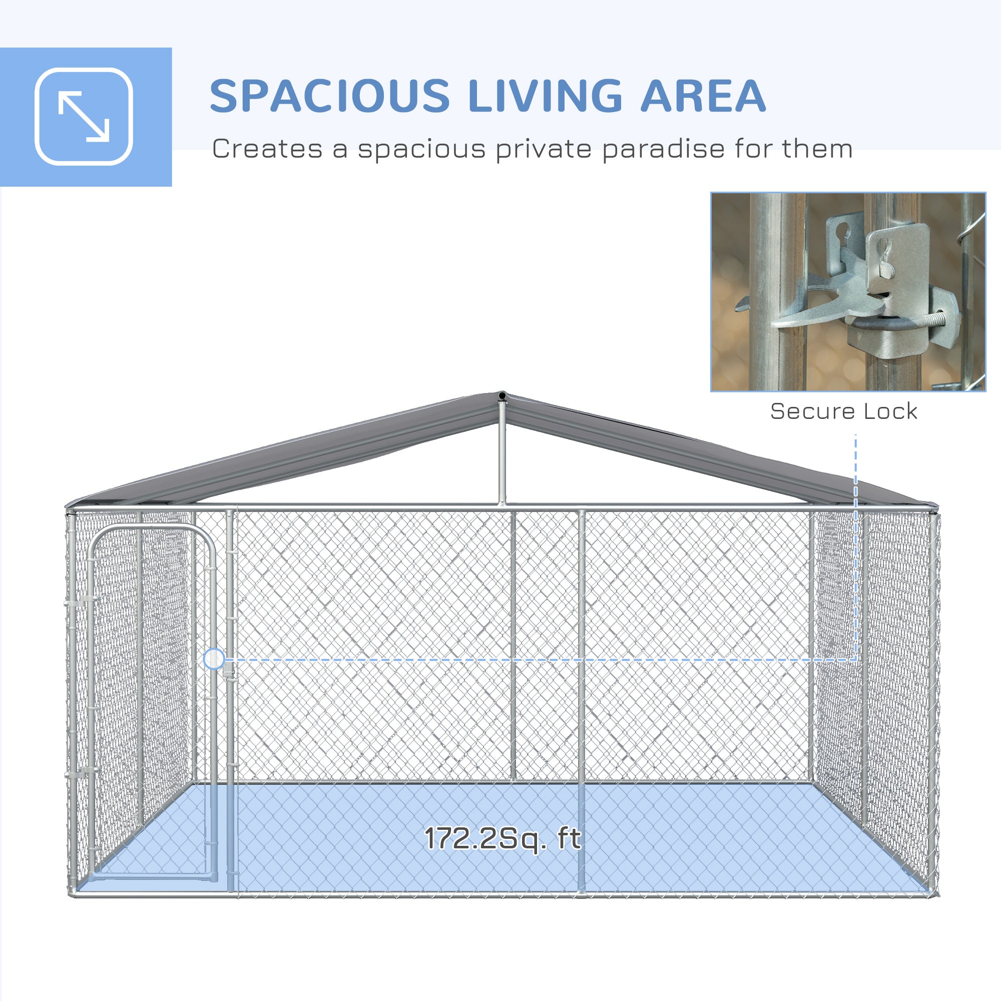 PawHut 13' x 13' x 7.5' Dog Kennel, Outdoor Dog Run with Waterproof, UV Resistant Roof, Lockable Door for Large-Sized Dogs, Silver