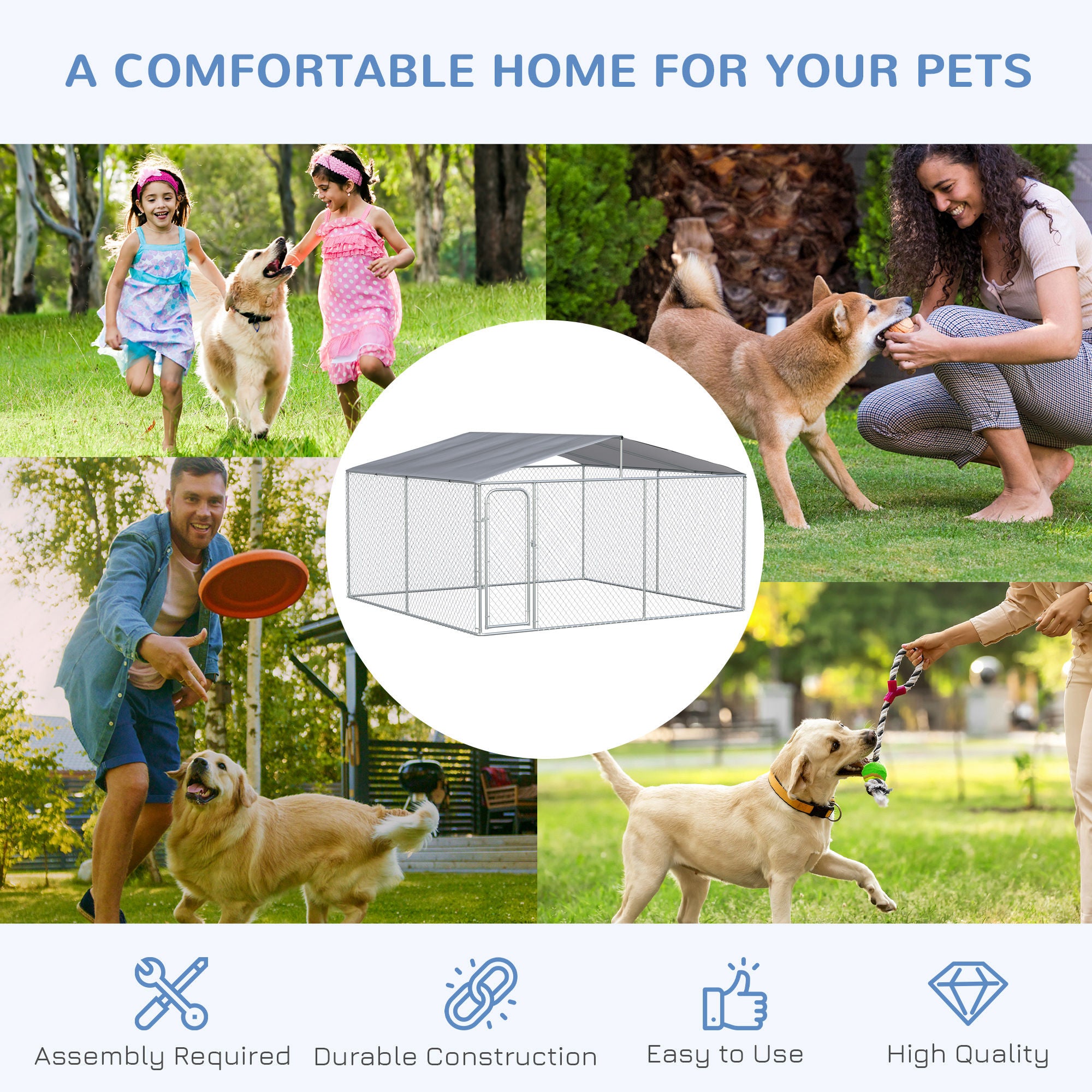 PawHut 13' x 13' x 7.5' Dog Kennel, Outdoor Dog Run with Waterproof, UV Resistant Roof, Lockable Door for Large-Sized Dogs, Silver
