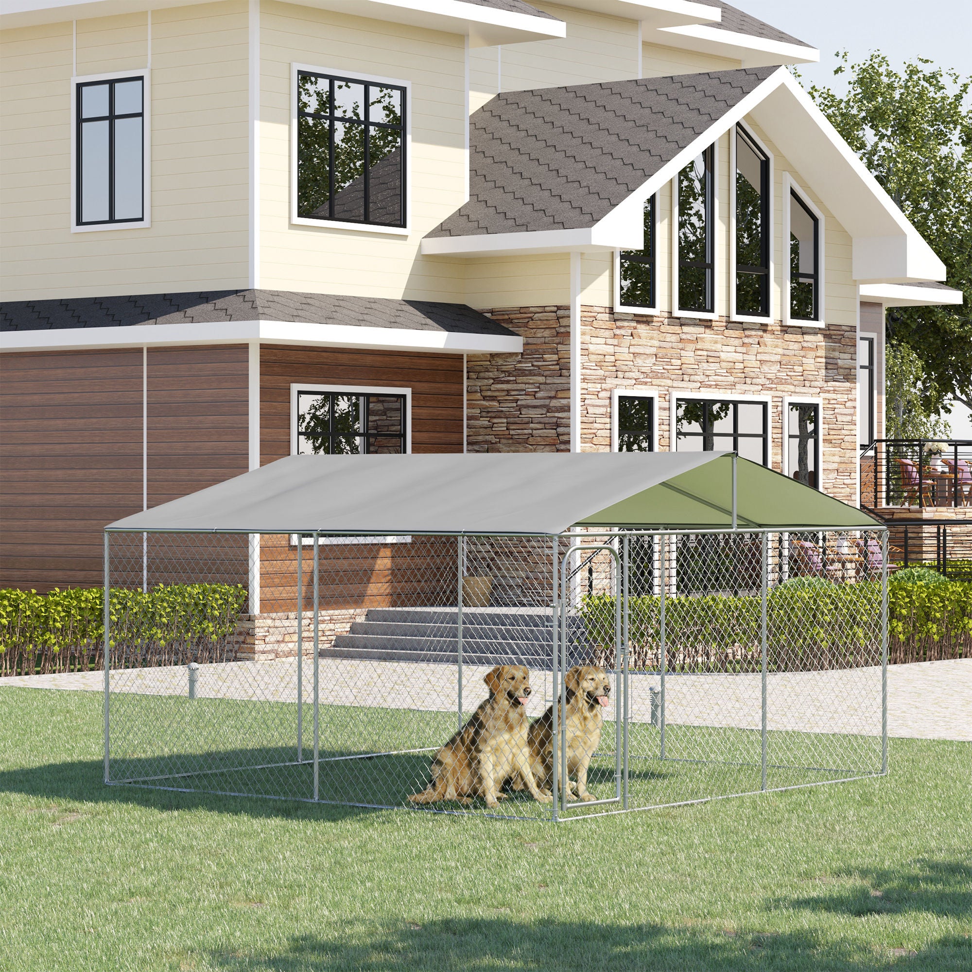 PawHut 13' x 13' x 7.5' Dog Kennel, Outdoor Dog Run with Waterproof, UV Resistant Roof, Lockable Door for Large-Sized Dogs, Silver