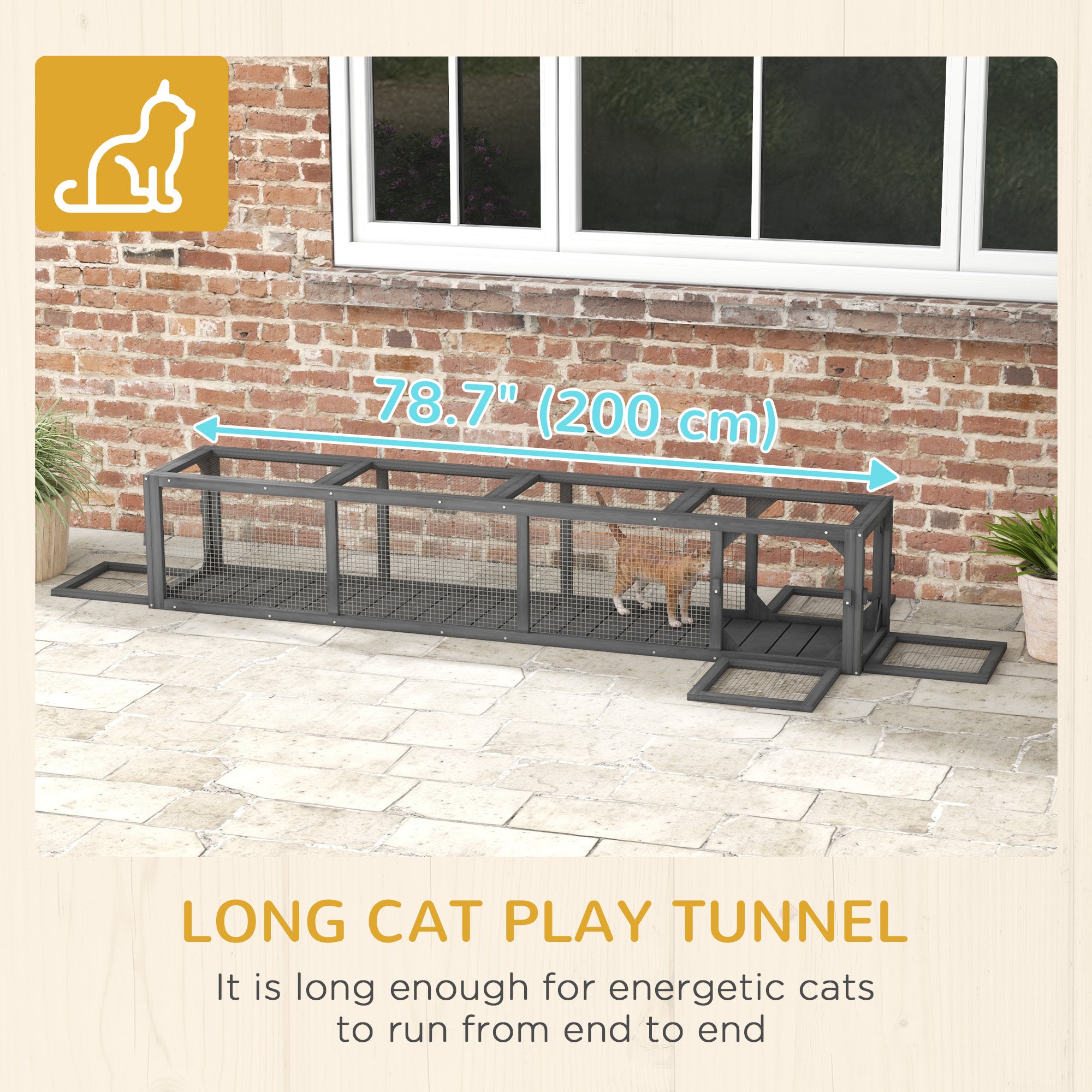 PawHut 79" Long Cat Tunnel, Cat shelter L- Shape with Extendable Design, Cat Enclosure for Indoor/Outdoor Use with Weather Protection, Removable Door, Lead Grey