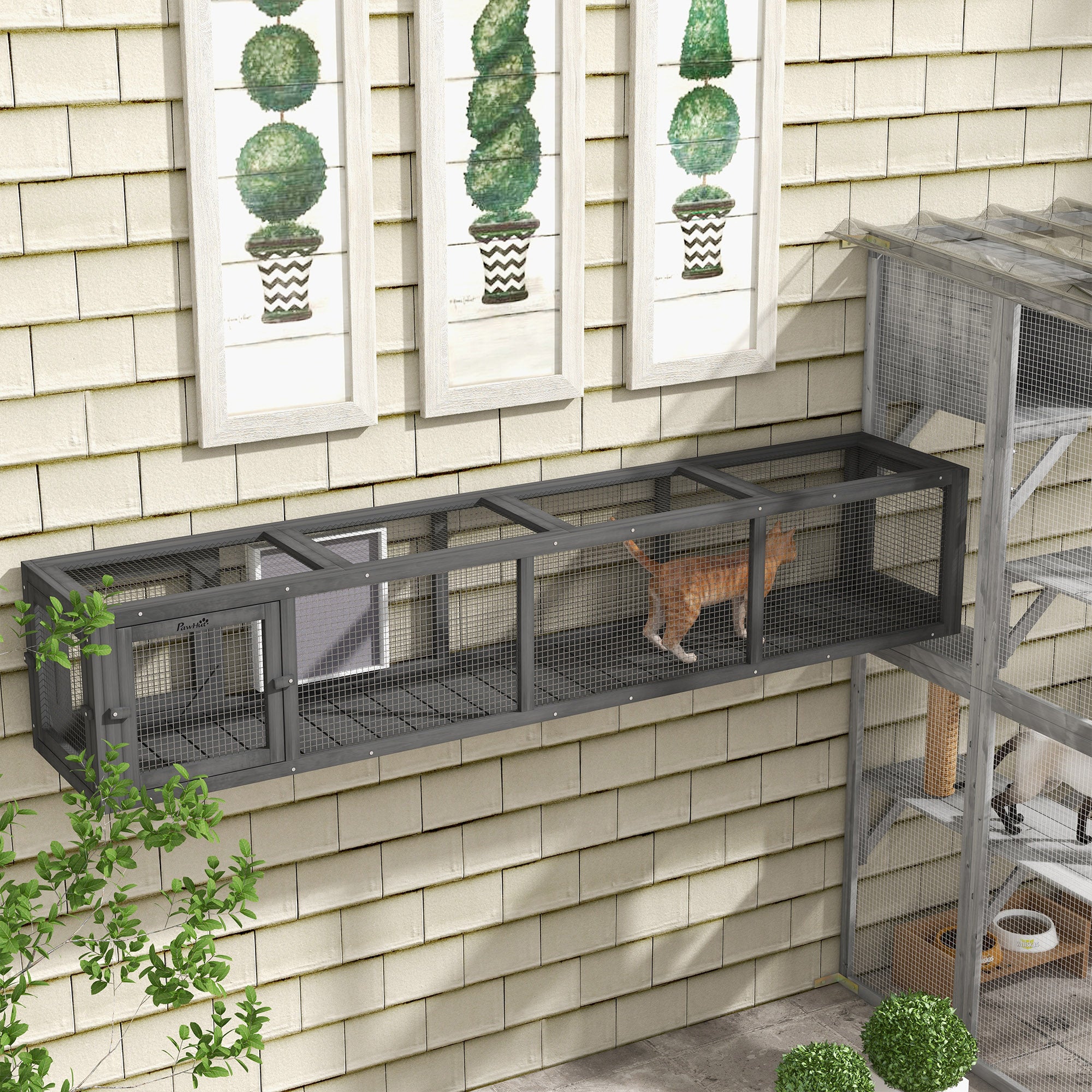 PawHut 79" Long Cat Tunnel, Cat shelter L- Shape with Extendable Design, Cat Enclosure for Indoor/Outdoor Use with Weather Protection, Removable Door, Lead Grey