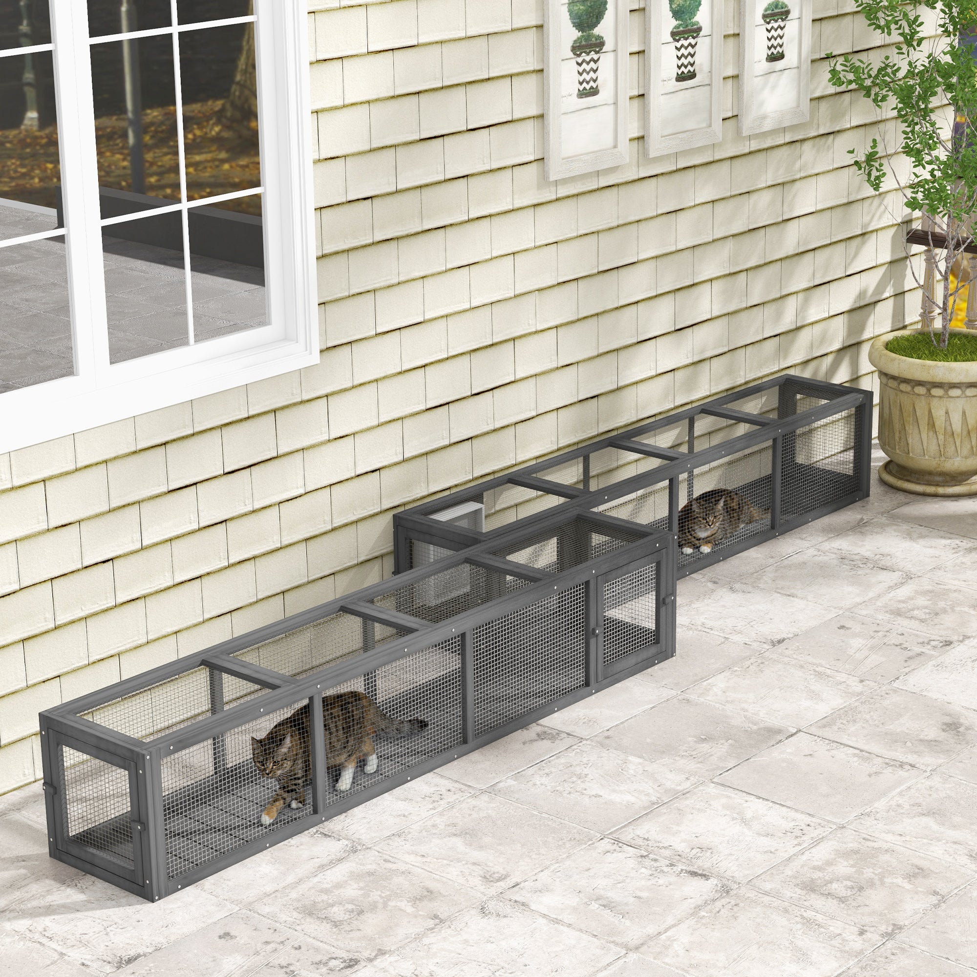 PawHut 79" Long Cat Tunnel, Cat shelter L- Shape with Extendable Design, Cat Enclosure for Indoor/Outdoor Use with Weather Protection, Removable Door, Lead Grey