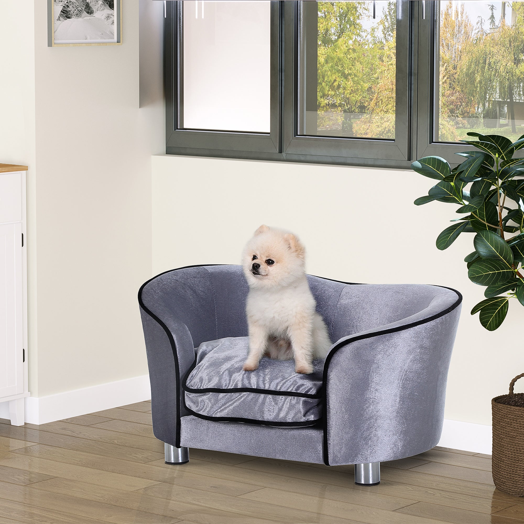 PawHut Pet Sofa Bed Dog Cat Cozy Puppy House Couch Furniture with Removable Cushion, Light Grey