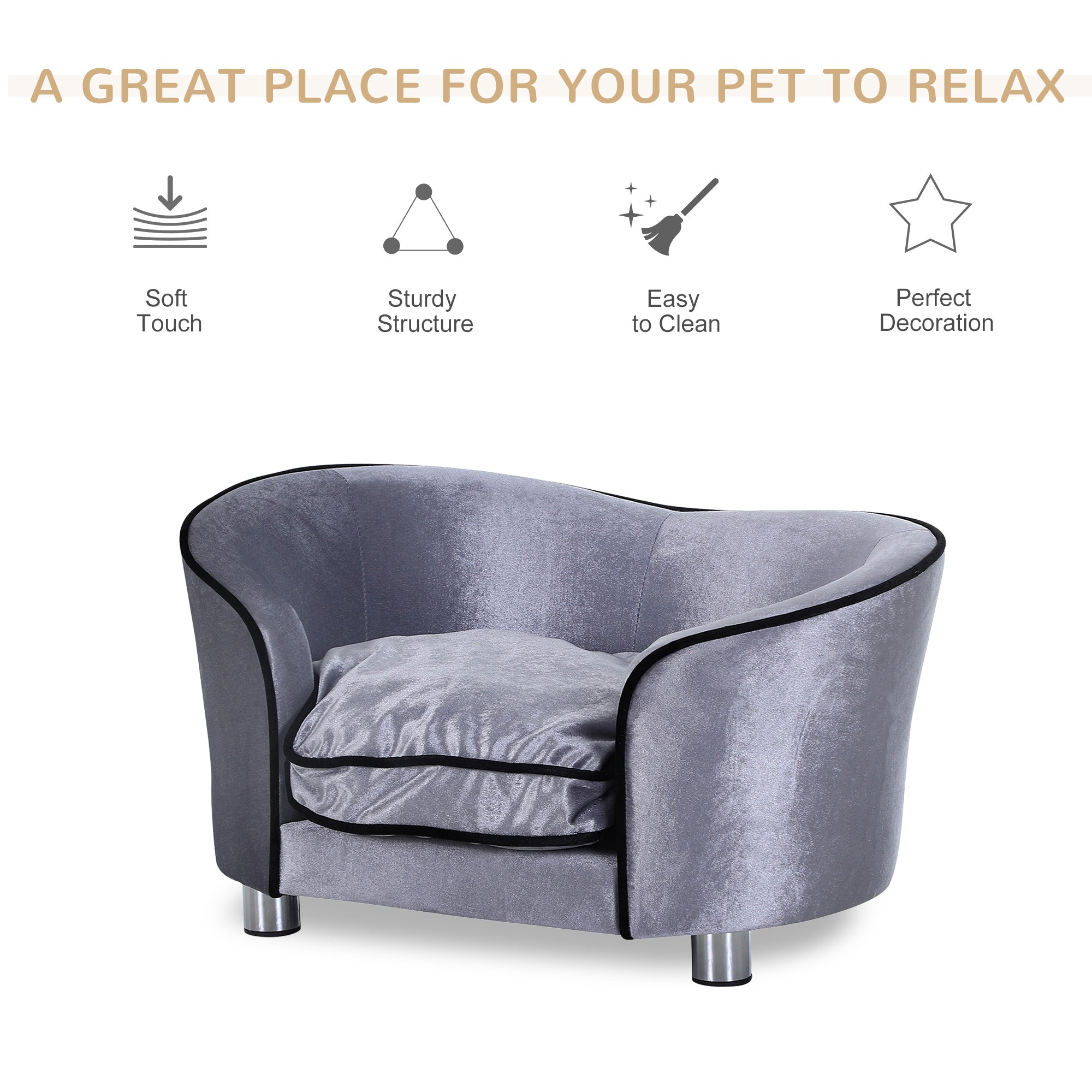 PawHut Dog Sofa Bed for Miniature Dogs, Pet Couch Kitten Lounge with Removable Soft Cushion, Thick Sponge, Wooden Frame, Storage Pocket