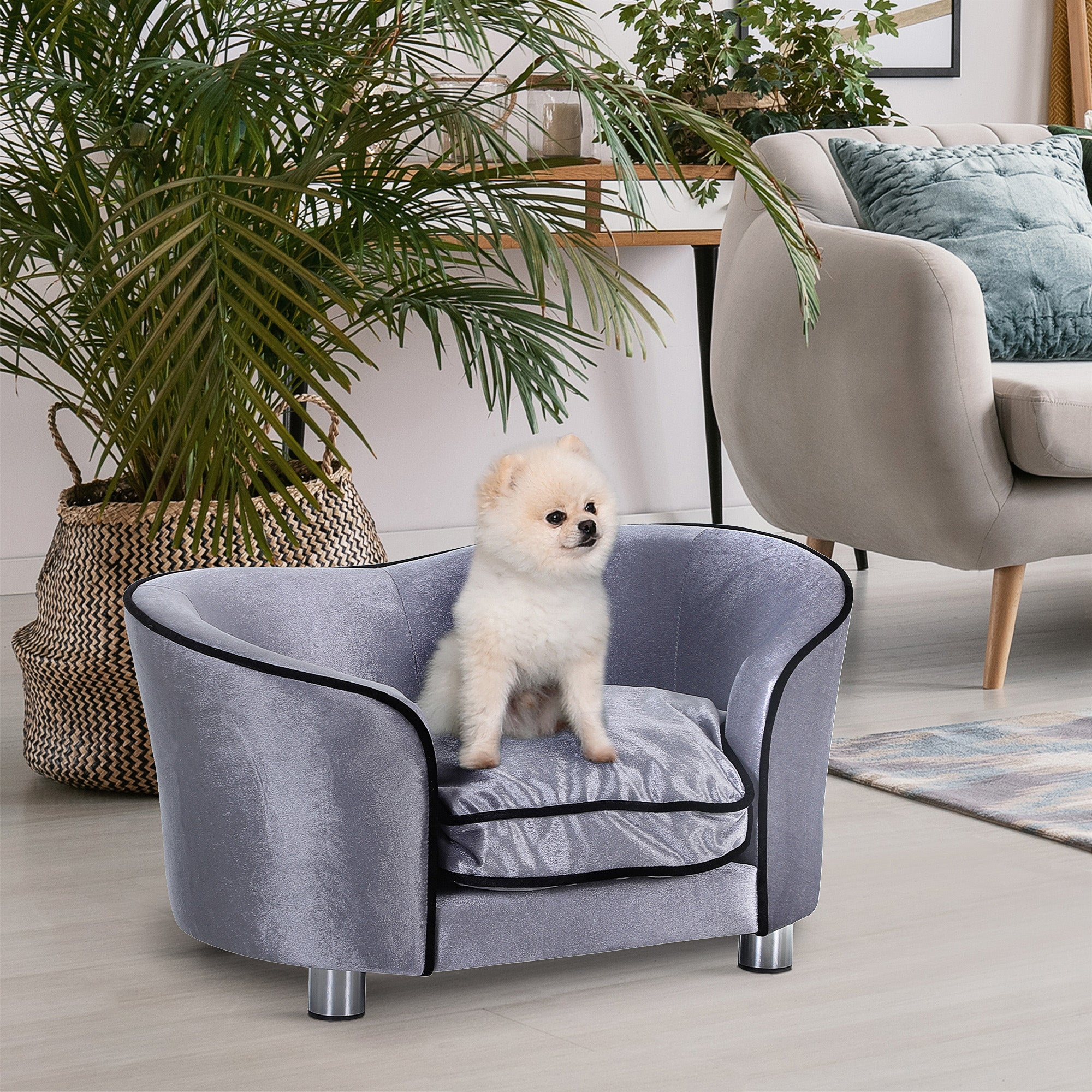 PawHut Pet Sofa Bed Dog Cat Cozy Puppy House Couch Furniture with Removable Cushion, Light Grey