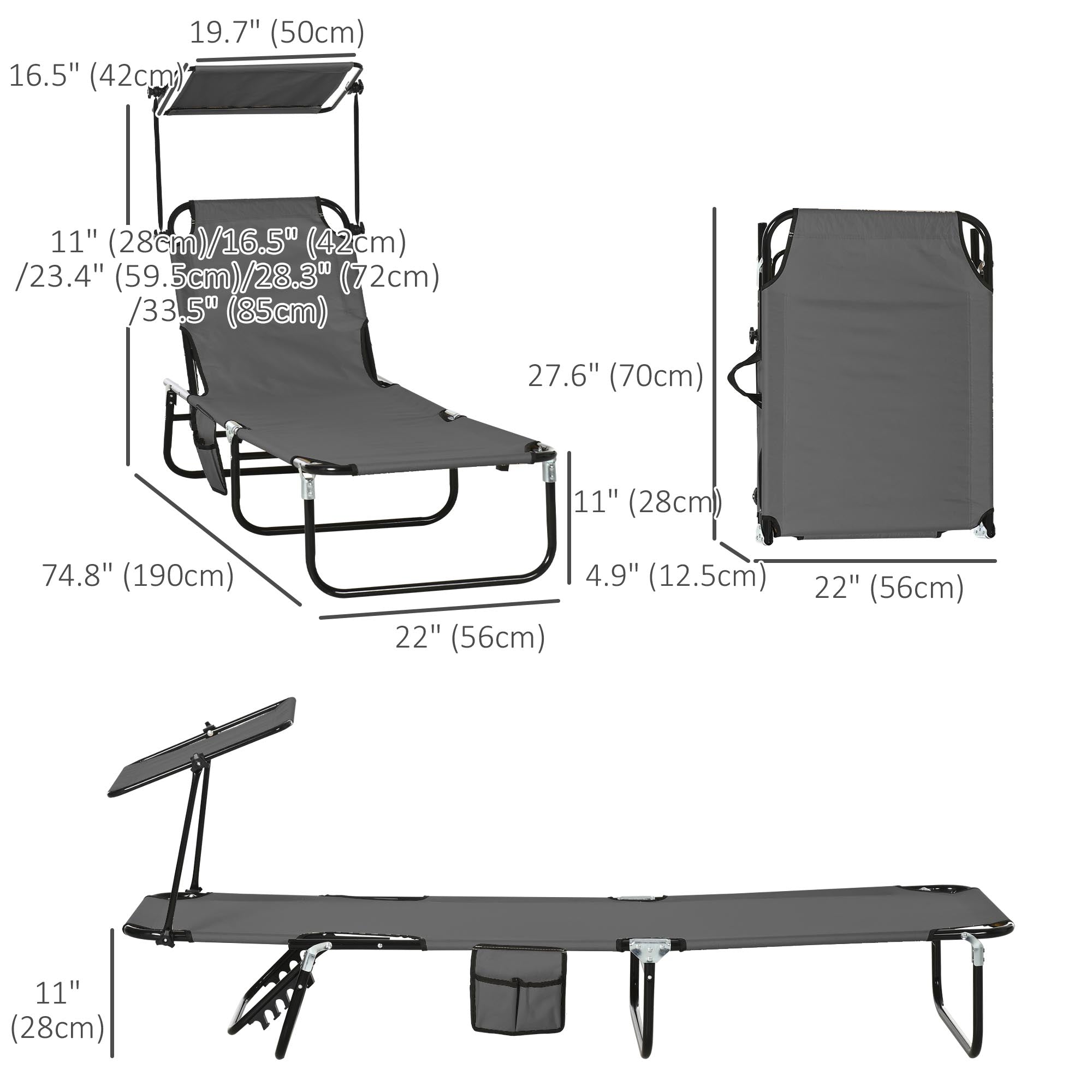 Outsunny Set of 2 Folding Outdoor Chaise Lounge Chairs, Pool, Sun, Tanning Chairs with 5-Level Reclining Backrest, Sunshade, Steel Frame for Beach, Yard, Patio, Dark Grey
