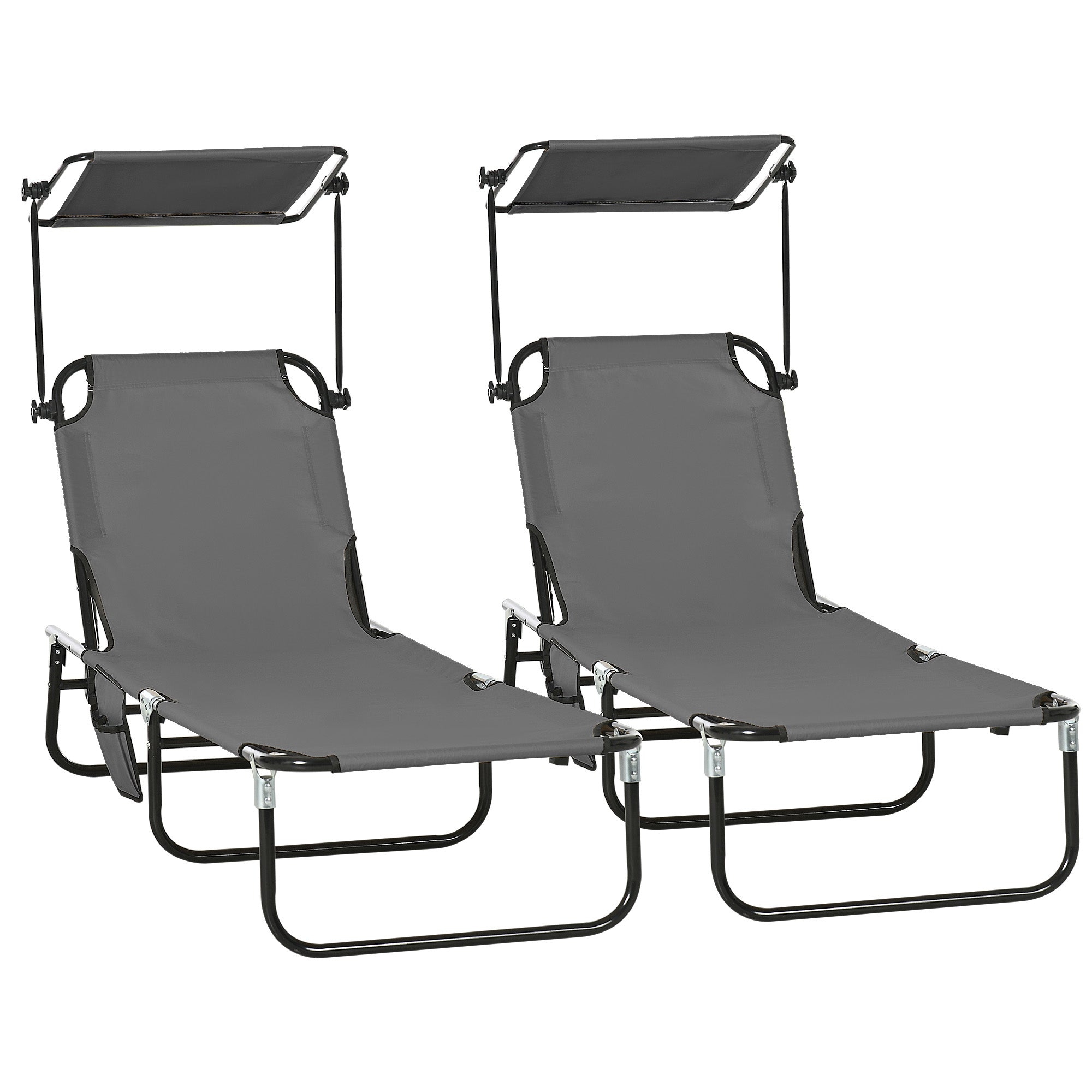 Outsunny Set of 2 Folding Outdoor Chaise Lounge Chairs, Pool, Sun, Tanning Chairs with 5-Level Reclining Backrest, Sunshade, Steel Frame for Beach, Yard, Patio, Dark Grey