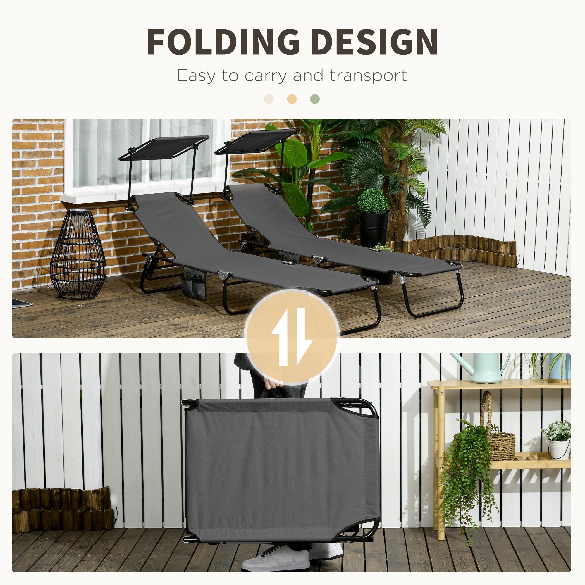 Outsunny Set of 2 Folding Outdoor Chaise Lounge Chairs, Pool, Sun, Tanning Chairs with 5-Level Reclining Backrest, Sunshade, Steel Frame for Beach, Yard, Patio, Dark Grey