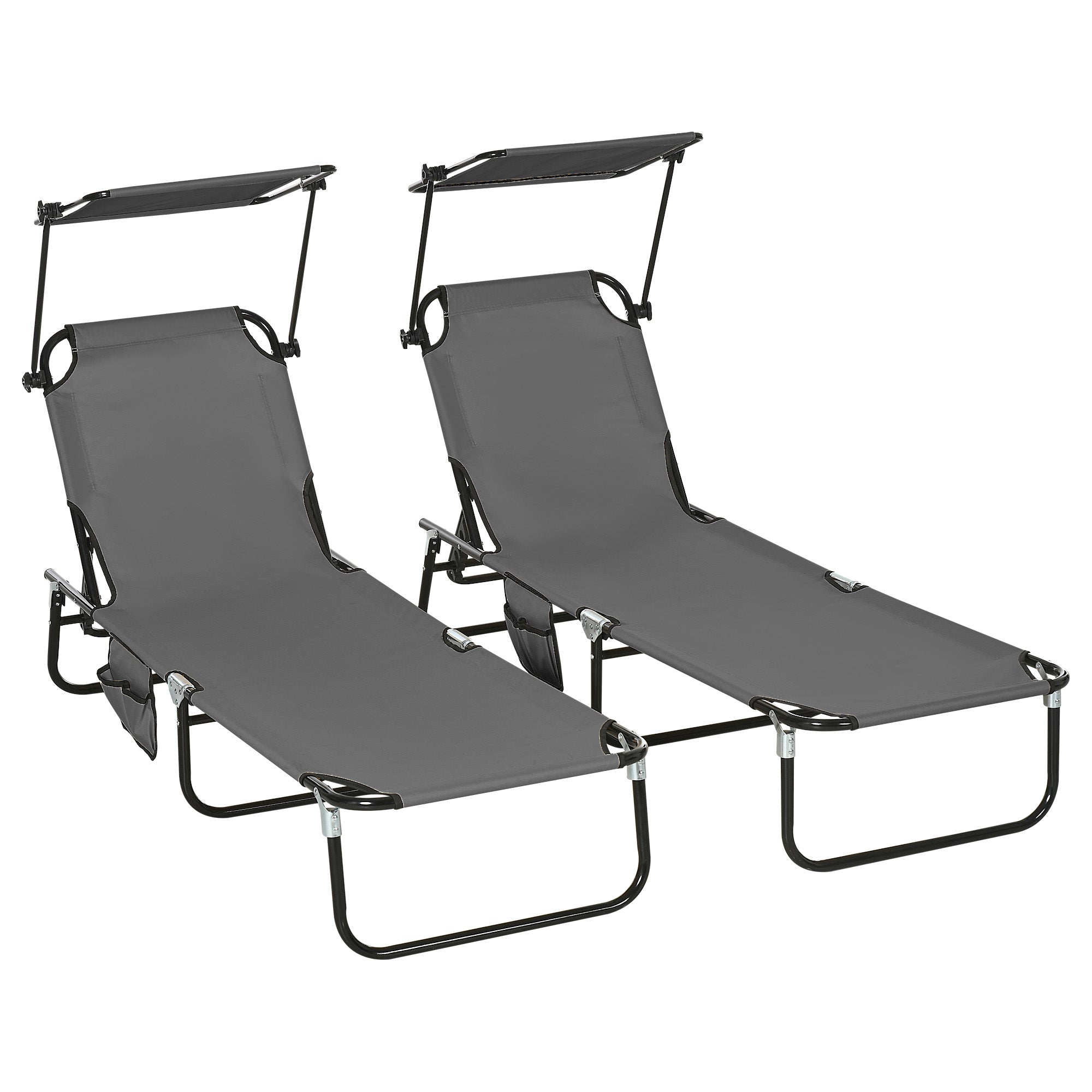 Outsunny Set of 2 Folding Outdoor Chaise Lounge Chairs, Pool, Sun, Tanning Chairs with 5-Level Reclining Backrest, Sunshade, Steel Frame for Beach, Yard, Patio, Dark Grey