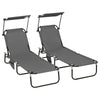 Outsunny Set of 2 Folding Outdoor Chaise Lounge Chairs, Pool, Sun, Tanning Chairs with 5-Level Reclining Backrest, Sunshade, Steel Frame for Beach, Yard, Patio, Dark Grey
