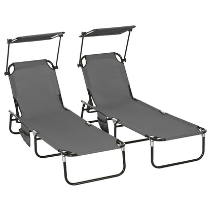 Outsunny Set of 2 Folding Outdoor Chaise Lounge Chairs, Pool, Sun, Tanning Chairs with 5-Level Reclining Backrest, Sunshade, Steel Frame for Beach, Yard, Patio, Dark Grey