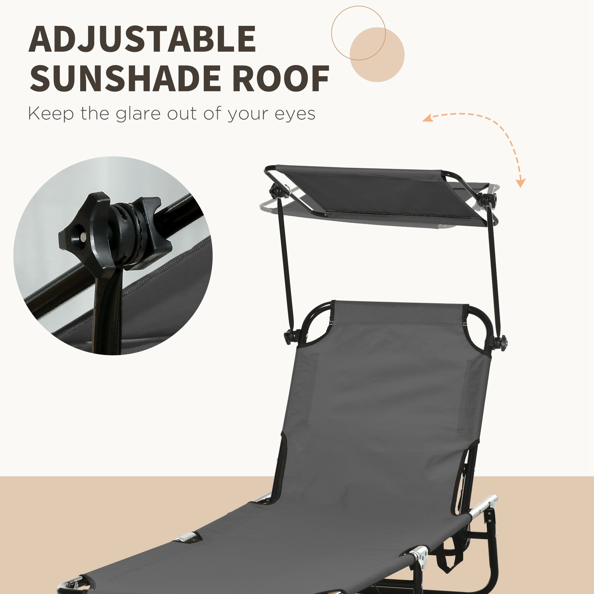 Outsunny Set of 2 Folding Outdoor Chaise Lounge Chairs, Pool, Sun, Tanning Chairs with 5-Level Reclining Backrest, Sunshade, Steel Frame for Beach, Yard, Patio, Dark Grey
