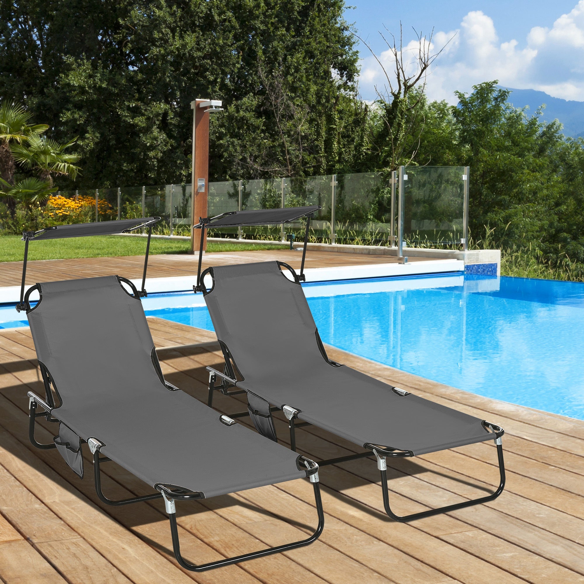 Outsunny Set of 2 Folding Outdoor Chaise Lounge Chairs, Pool, Sun, Tanning Chairs with 5-Level Reclining Backrest, Sunshade, Steel Frame for Beach, Yard, Patio, Dark Grey