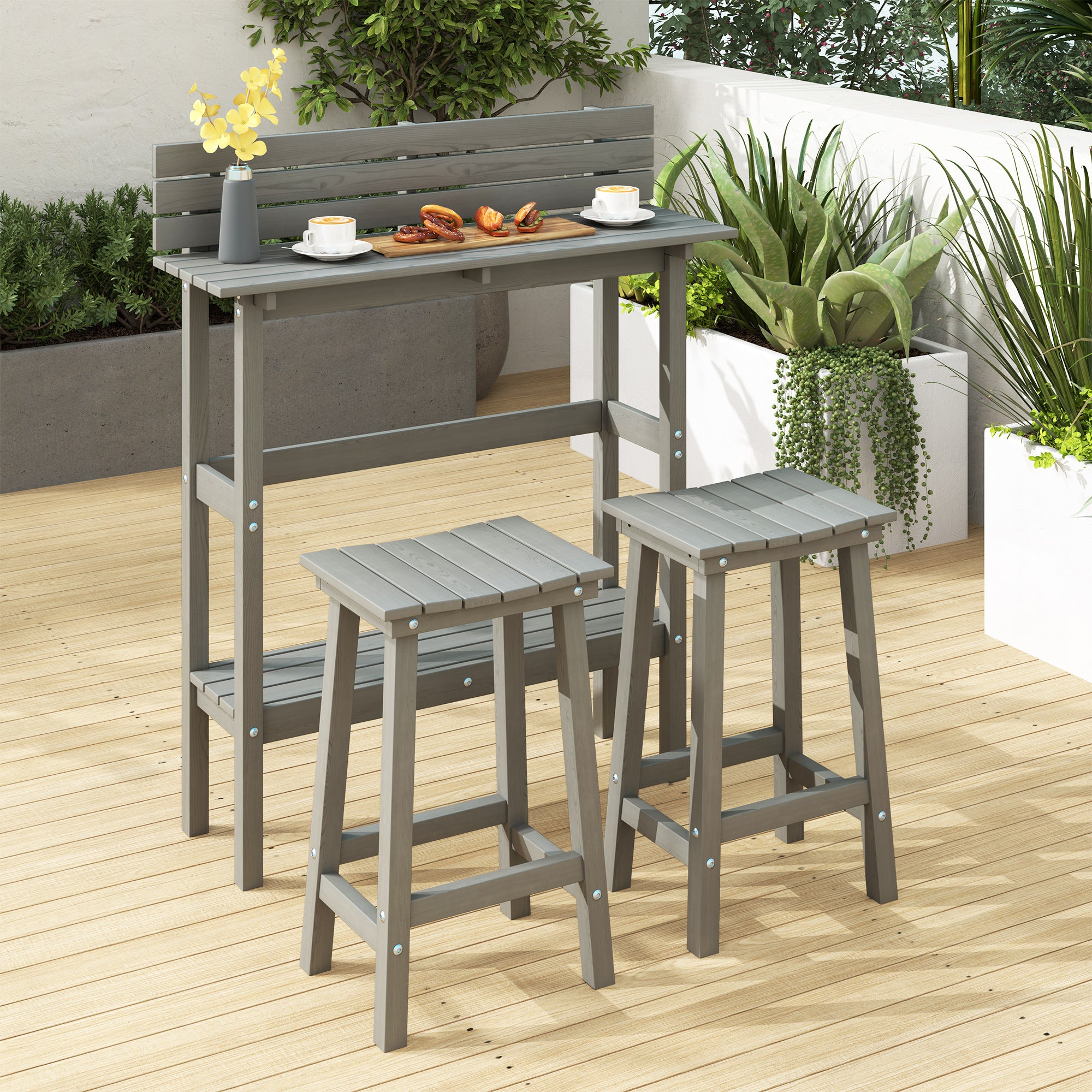 Outsunny 3 Piece Patio Bar Set Outdoor, 43" High Rectangular Bar Table and 2 Bar Stools, Farmhouse Style Bar Table and Chairs Set for Balcony, Backyard, Porch