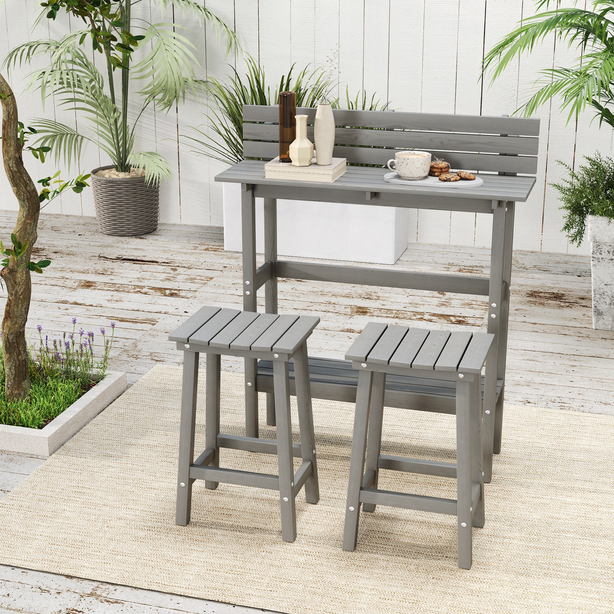 Outsunny 3 Piece Patio Bar Set Outdoor, 43" High Rectangular Bar Table and 2 Bar Stools, Farmhouse Style Bar Table and Chairs Set for Balcony, Backyard, Porch