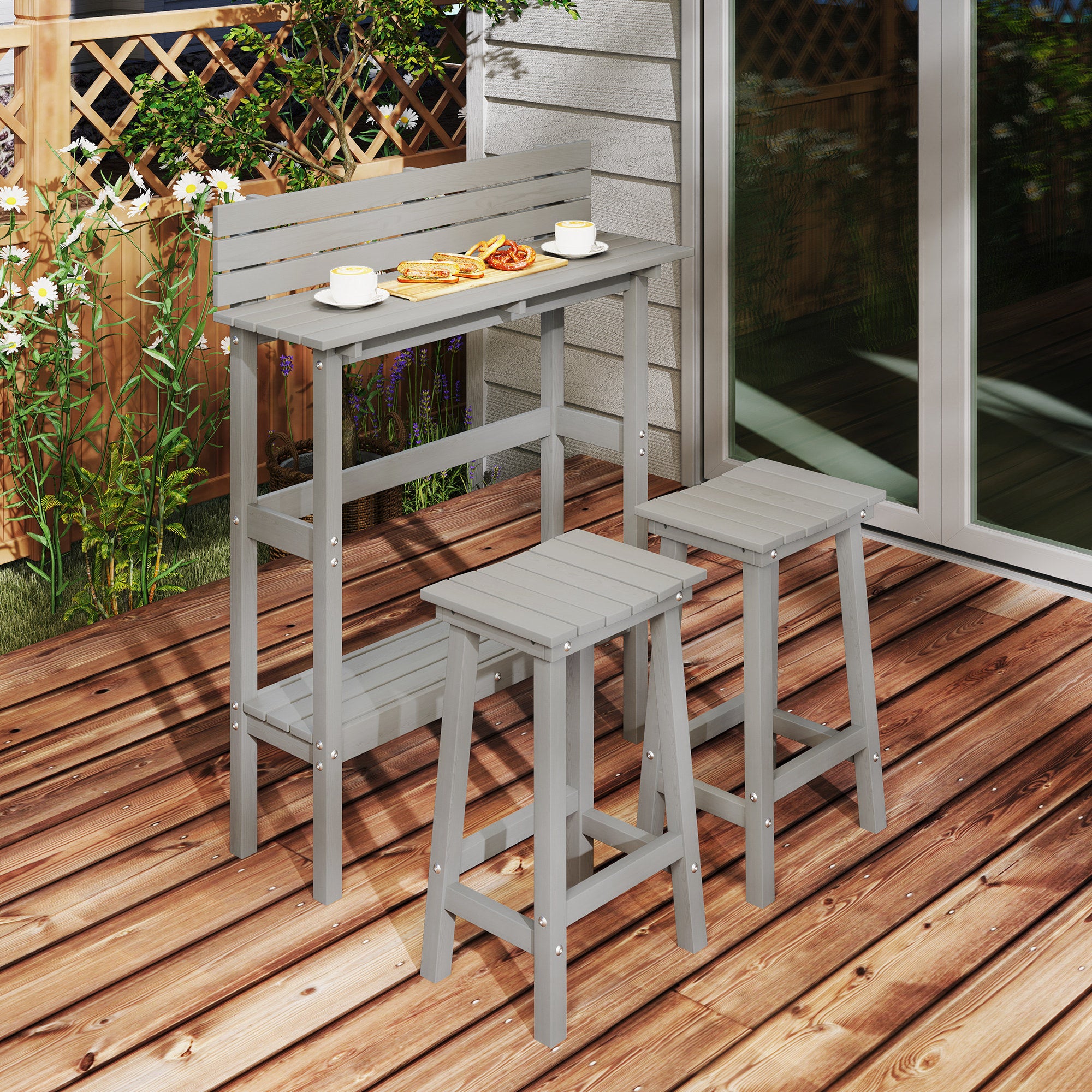 Outsunny 3 Piece Patio Bar Set Outdoor, 43" High Rectangular Bar Table and 2 Bar Stools, Farmhouse Style Bar Table and Chairs Set for Balcony, Backyard, Porch