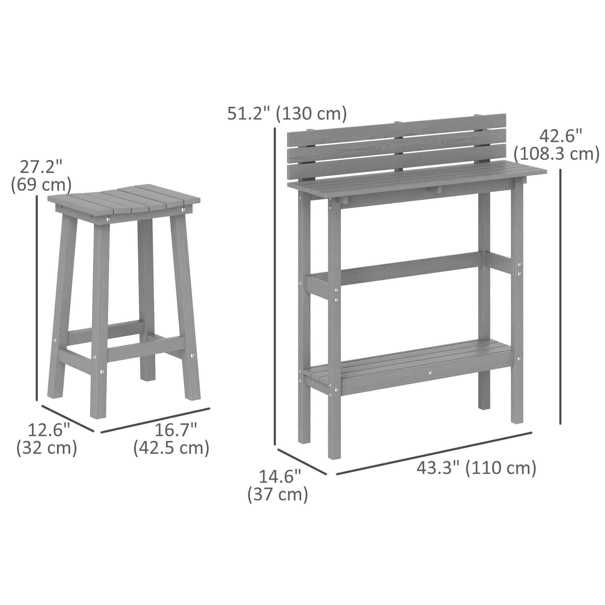 Outsunny 3 Piece Patio Bar Set Outdoor, 43" High Rectangular Bar Table and 2 Bar Stools, Farmhouse Style Bar Table and Chairs Set for Balcony, Backyard, Porch